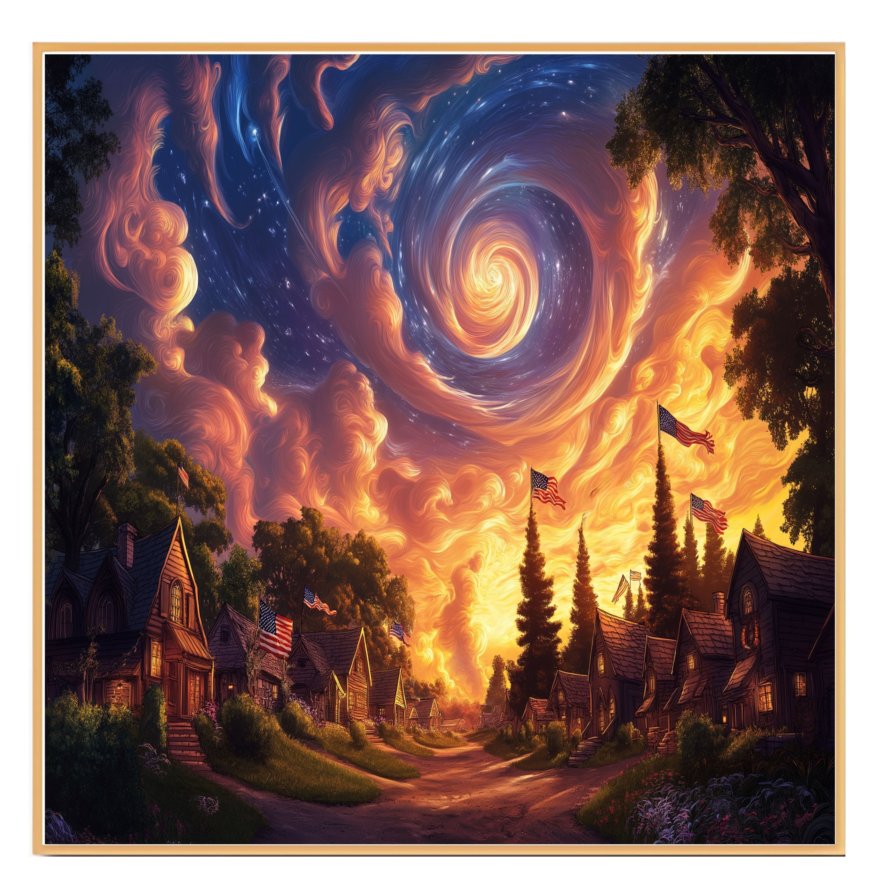 Glowing 4th of July Village at Dusk with Swirling Sky and Flags, Whimsical Americana Scene with Magical Clouds, Starlight, and Patriotic Celebration on Ready to Hang 1.5" Thick Canvas Wrap, Floating Framed Canvas, Flat Rolled Canvas