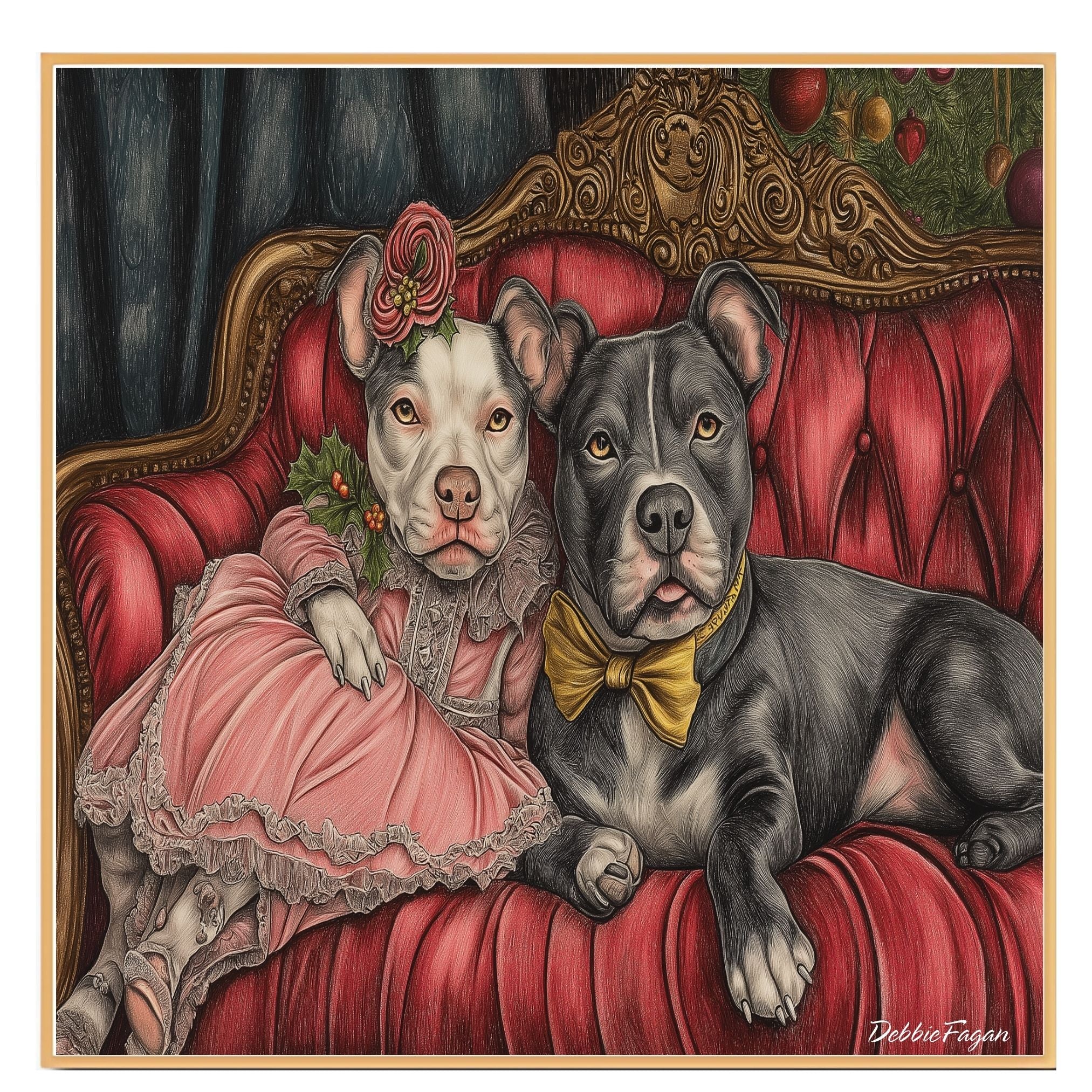 American Pit Bull Christmas Canvas - "Victorian Vibes: Posh Pit Bulls on a Couch" - Dressed in Vintage Attire on Ready to Hang 1.5" Thick Canvas Wrap, Floating Framed Canvas, Flat Rolled Canvas