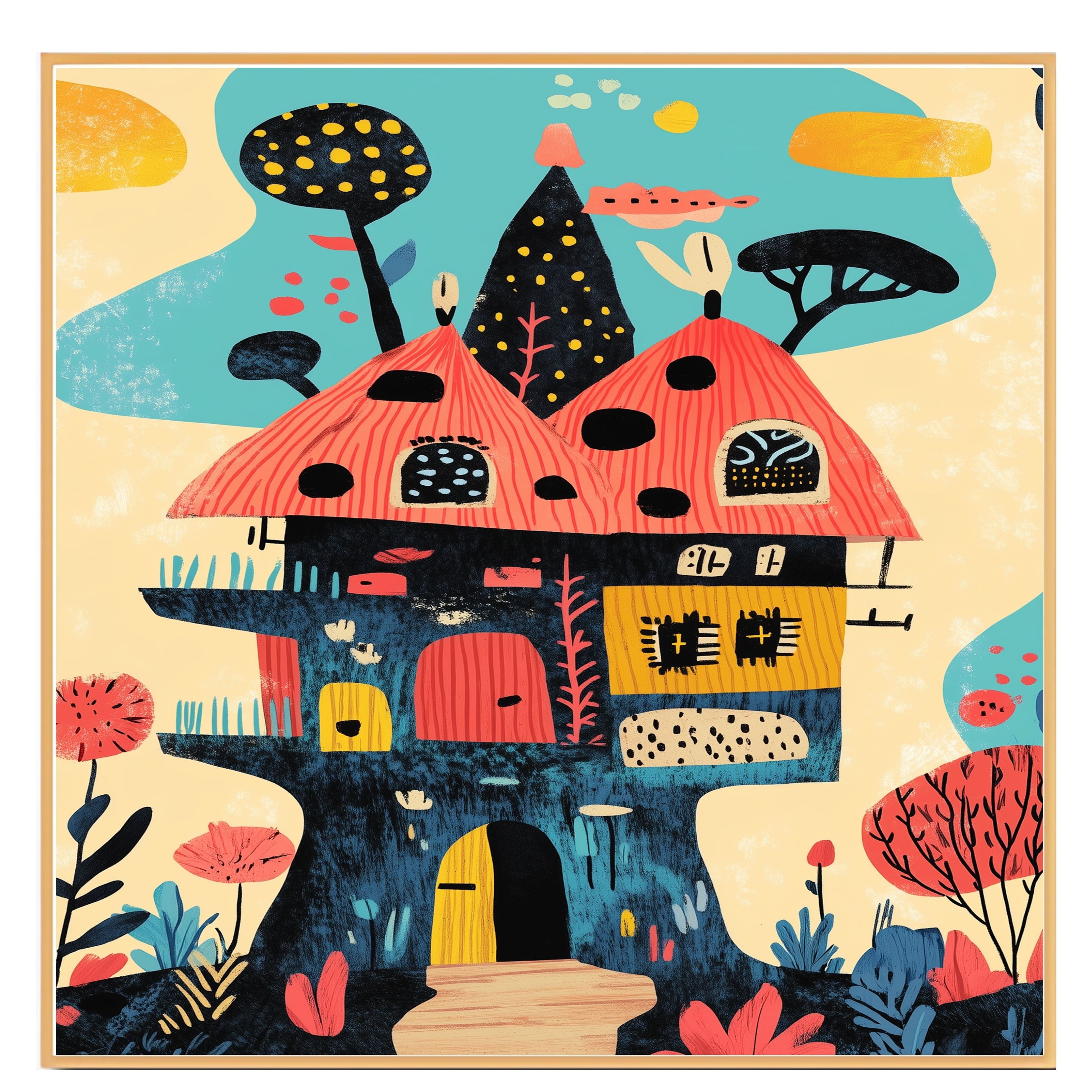Whimsical Fantasy House with Bright Colors and Playful Mid-Century Modern Illustration Style on Ready to Hang 1.5" Thick Canvas Wrap, Floating Framed Canvas, Flat Rolled Canvas