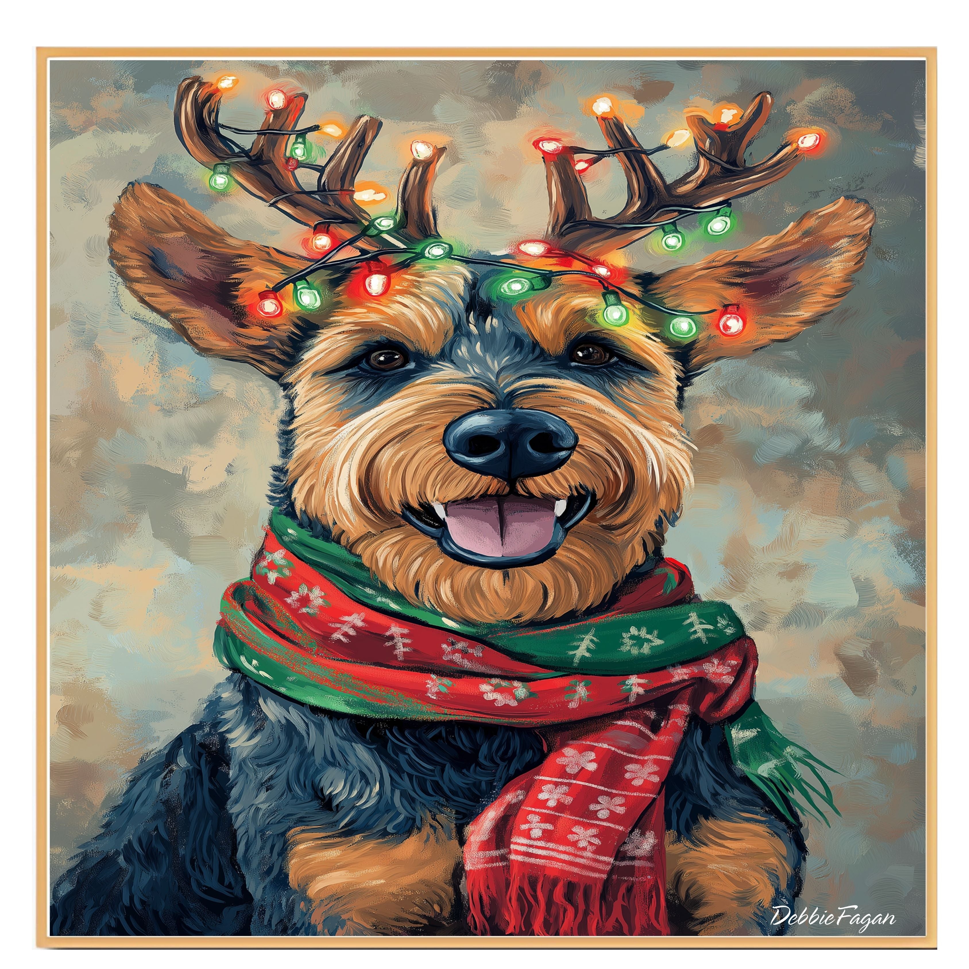 Airedale Joy - 'Antler Glow' - Airedale Terrier with Christmas Lights & Cozy Scarf on Rustic Background, Ready to Hang 1.5" Thick Canvas Wrap, Floating Framed Canvas, Flat Rolled Canvas