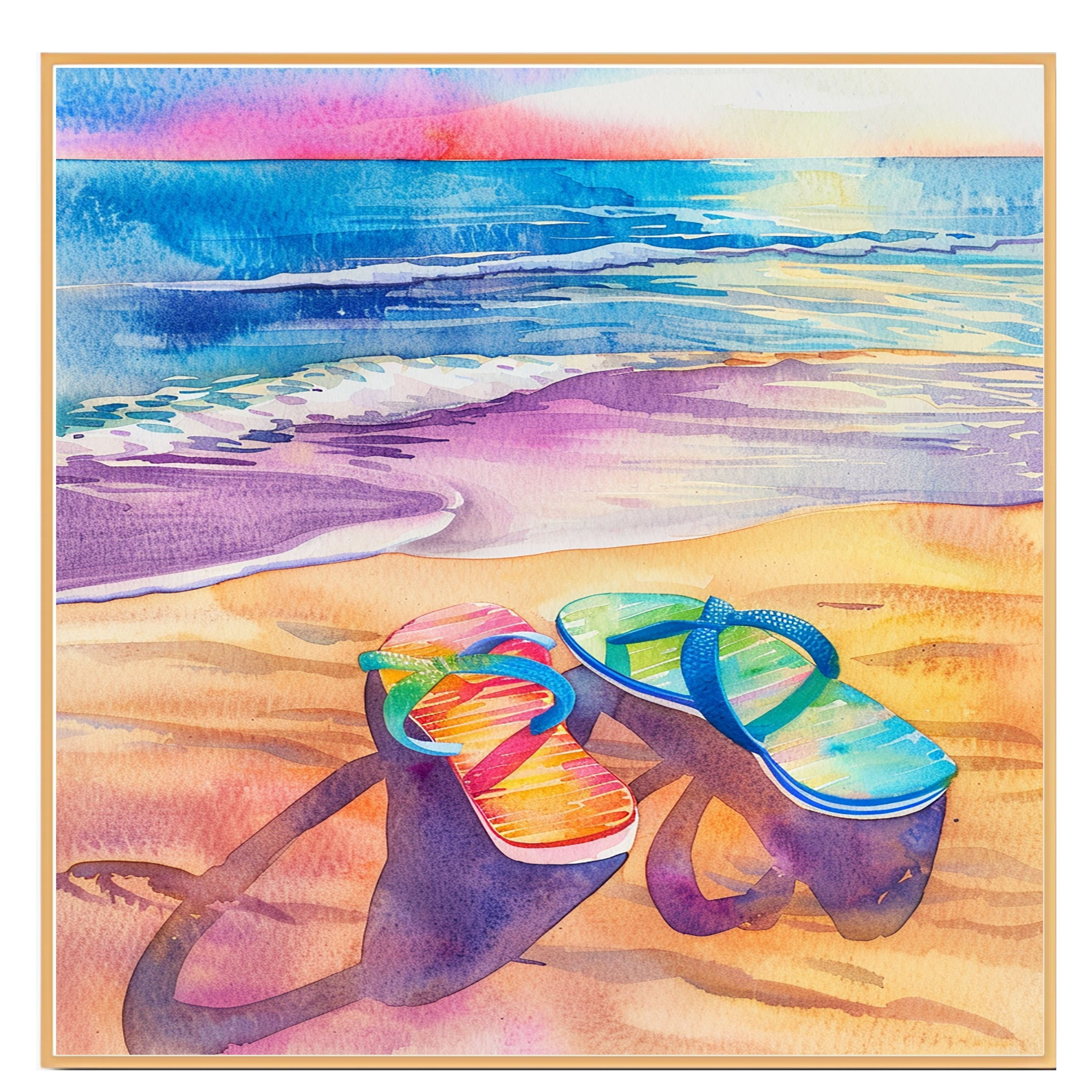 Colorful Flip-Flops on Sandy Beach Watercolor Painting with Ocean Waves and Sunset Sky in Vibrant Summer Style on Ready to Hang 1.5" Thick Canvas Wrap, Floating Framed Canvas, Flat Rolled Canvas