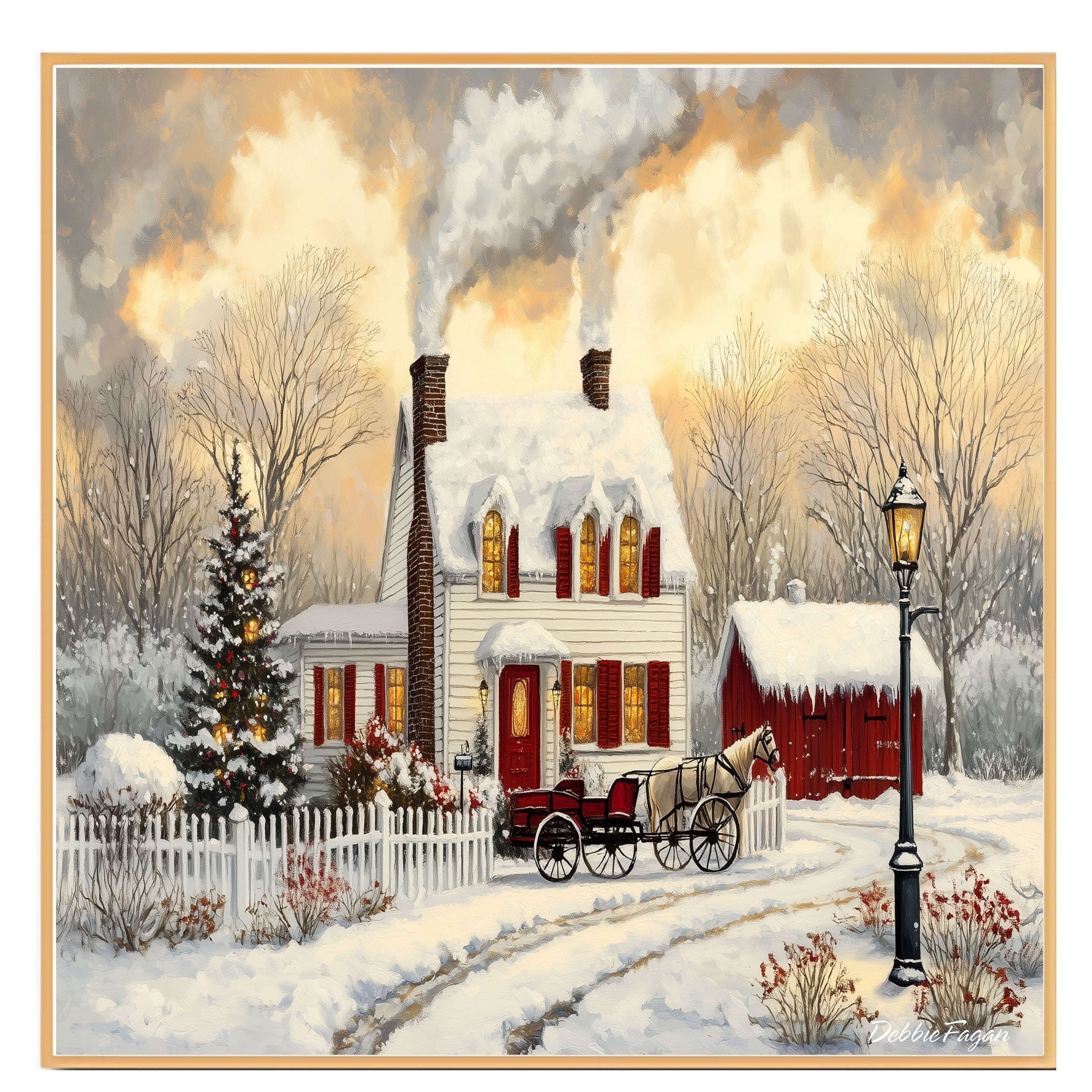 Winter Farmhouse – Cozy Snow-Covered Country Home with Red Barn, Trees and Horse Wall Art Print on Ready to Hang 1.5" Thick Canvas Wrap, Floating Framed Canvas, Flat Rolled Canvas