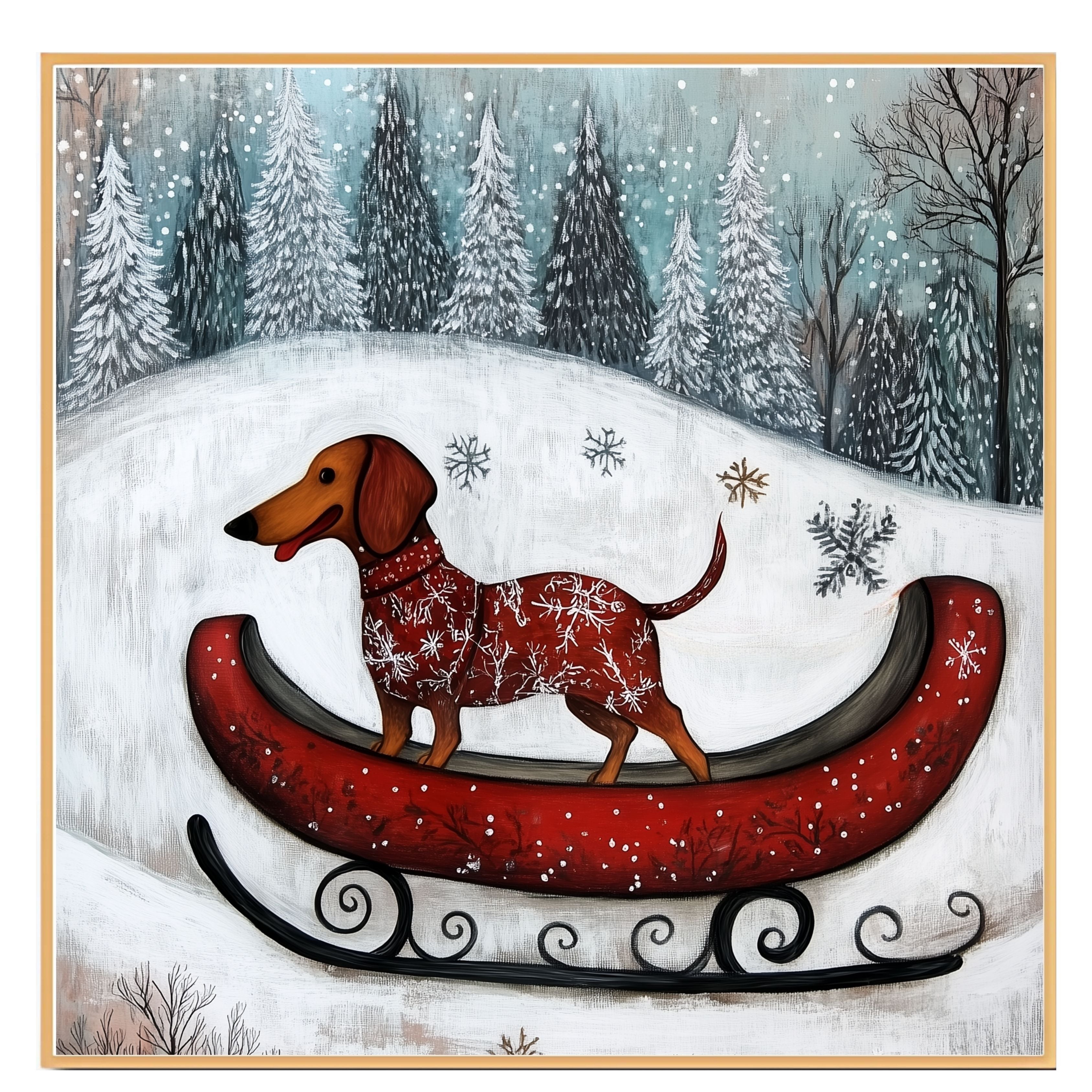 Festive Dachshund in Red Sleigh Winter Wonderland Art Whimsical Christmas Dog Illustration in Snowy Forest Scene for Holiday Pet Lovers and Seasonal Décor on Ready to Hang 1.5" Thick Canvas Wrap, Floating Framed Canvas, Flat Rolled Canvas