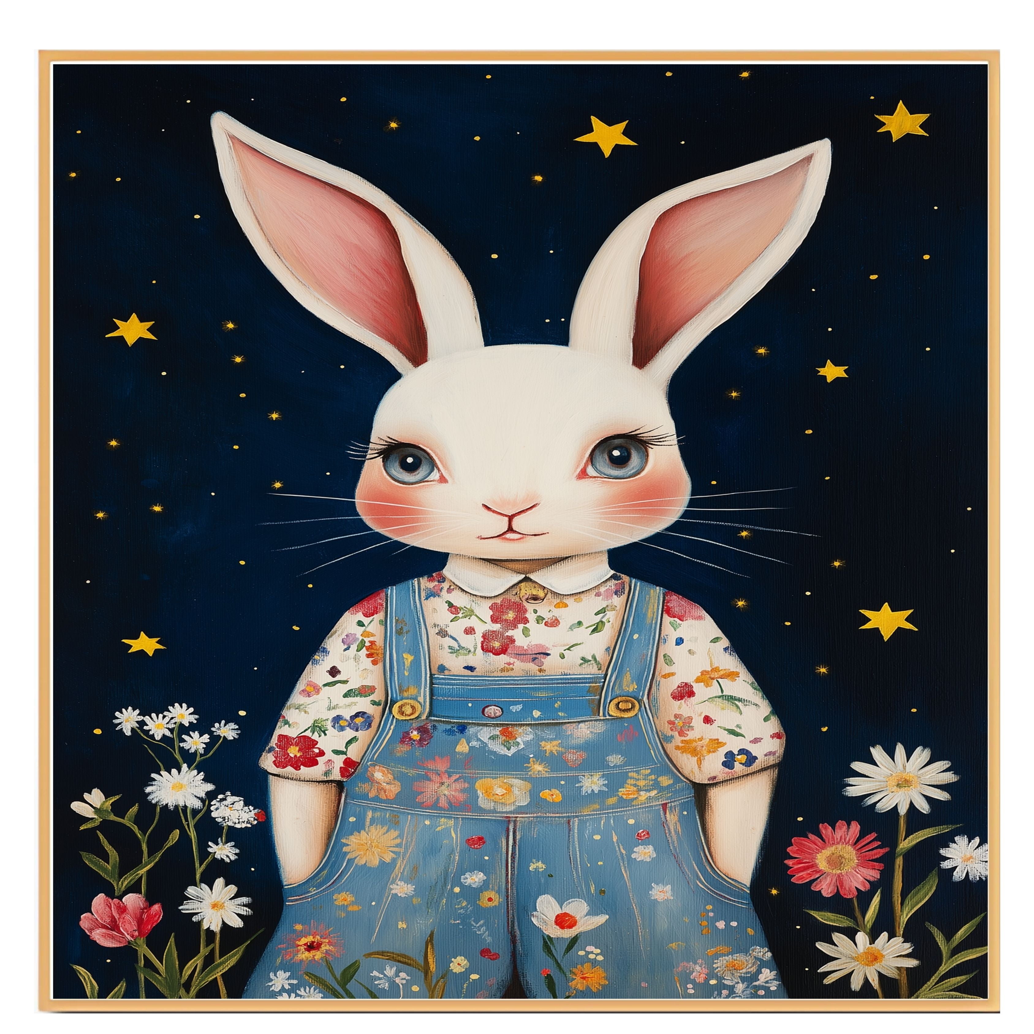 Adorable White Bunny in Floral Overalls Hand Painted Art Magical Starry Night Scene Perfect for Nursery Kids Room Home Wall Decor Bedroom or Gift on Ready to Hang 1.5" Thick Canvas Wrap, Floating Framed Canvas, Flat Rolled Canvas