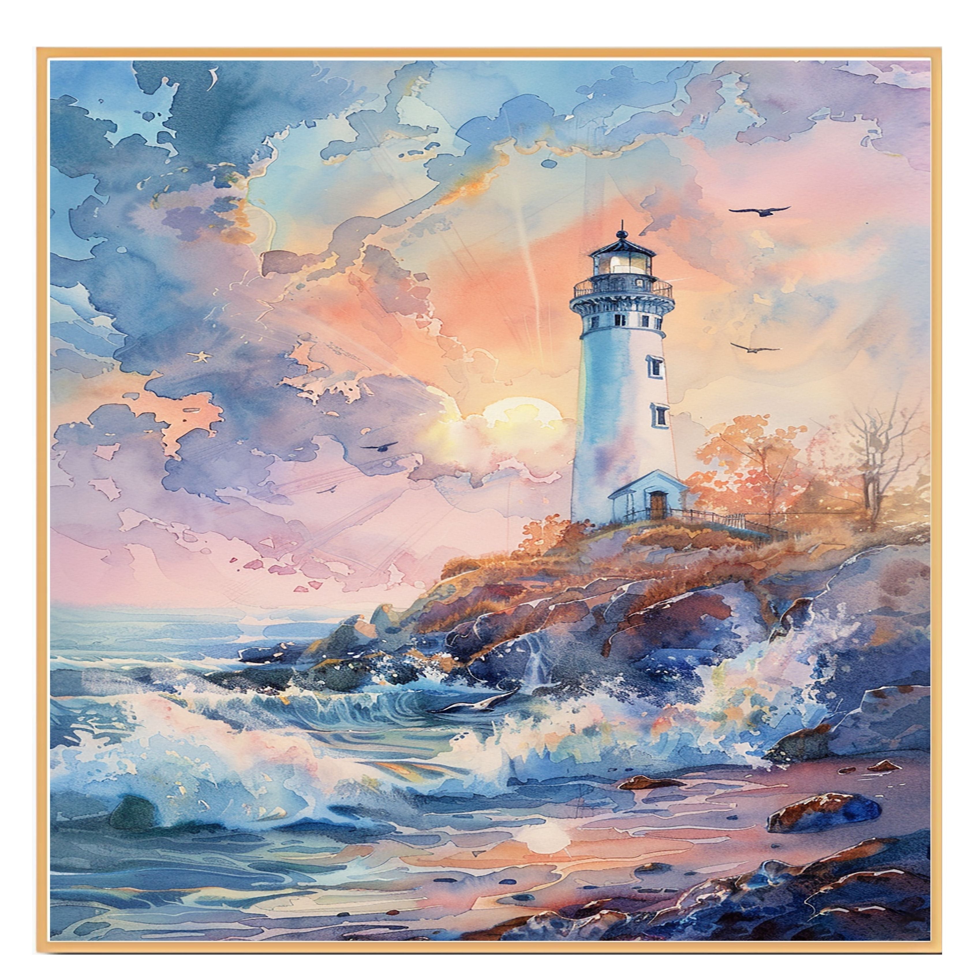 Majestic Lighthouse on Rocky Shore at Sunrise with Crashing Waves and Radiant Sky in Serene Watercolor Nautical Scene on Ready to Hang 1.5" Thick Canvas Wrap, Floating Framed Canvas, Flat Rolled Canvas