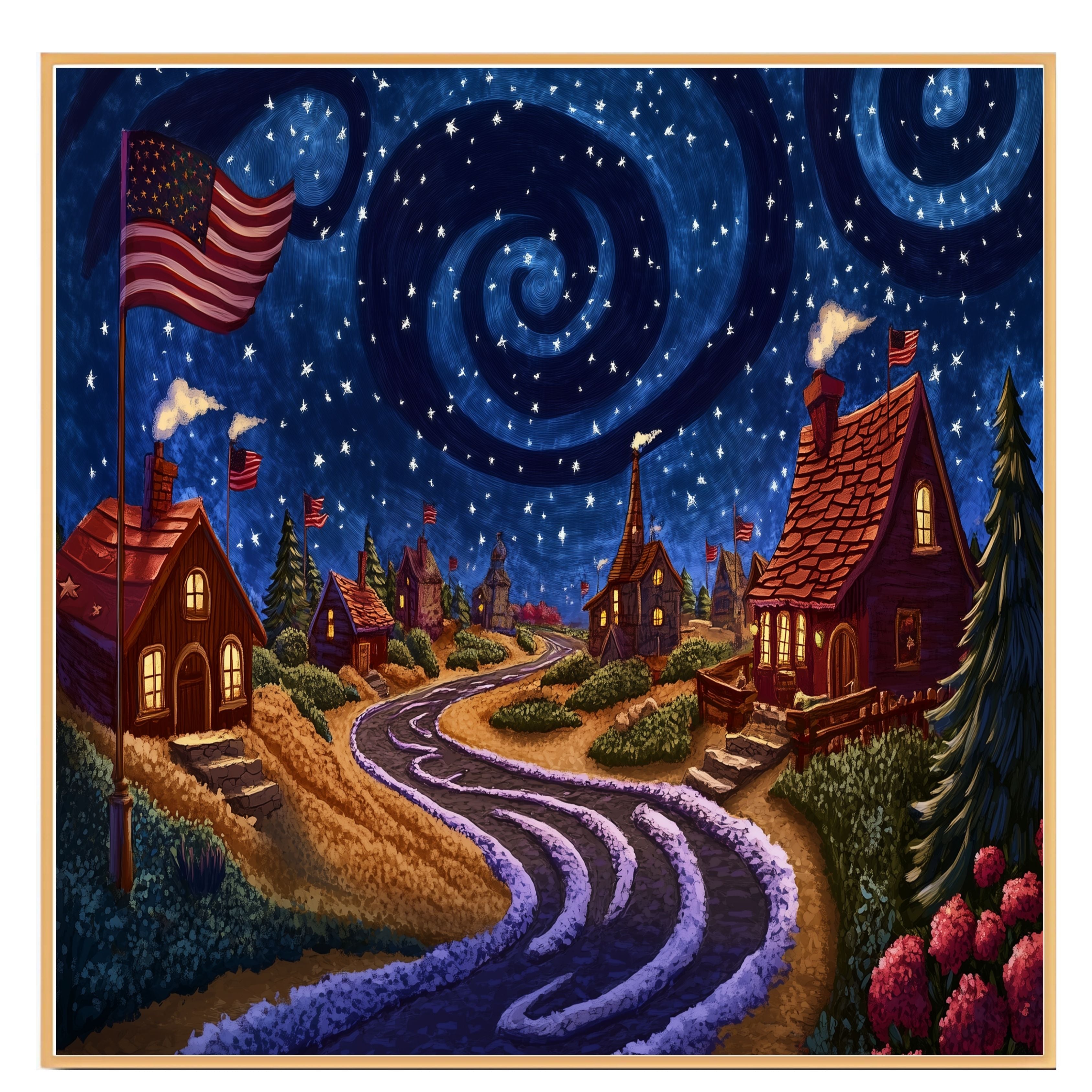 Whimsical 4th of July Village Under Swirling Starry Sky with Glowing Cottages, American Flags, and Winding Road in a Cozy Patriotic Nighttime Scene on Ready to Hang 1.5" Thick Canvas Wrap, Floating Framed Canvas, Flat Rolled Canvas