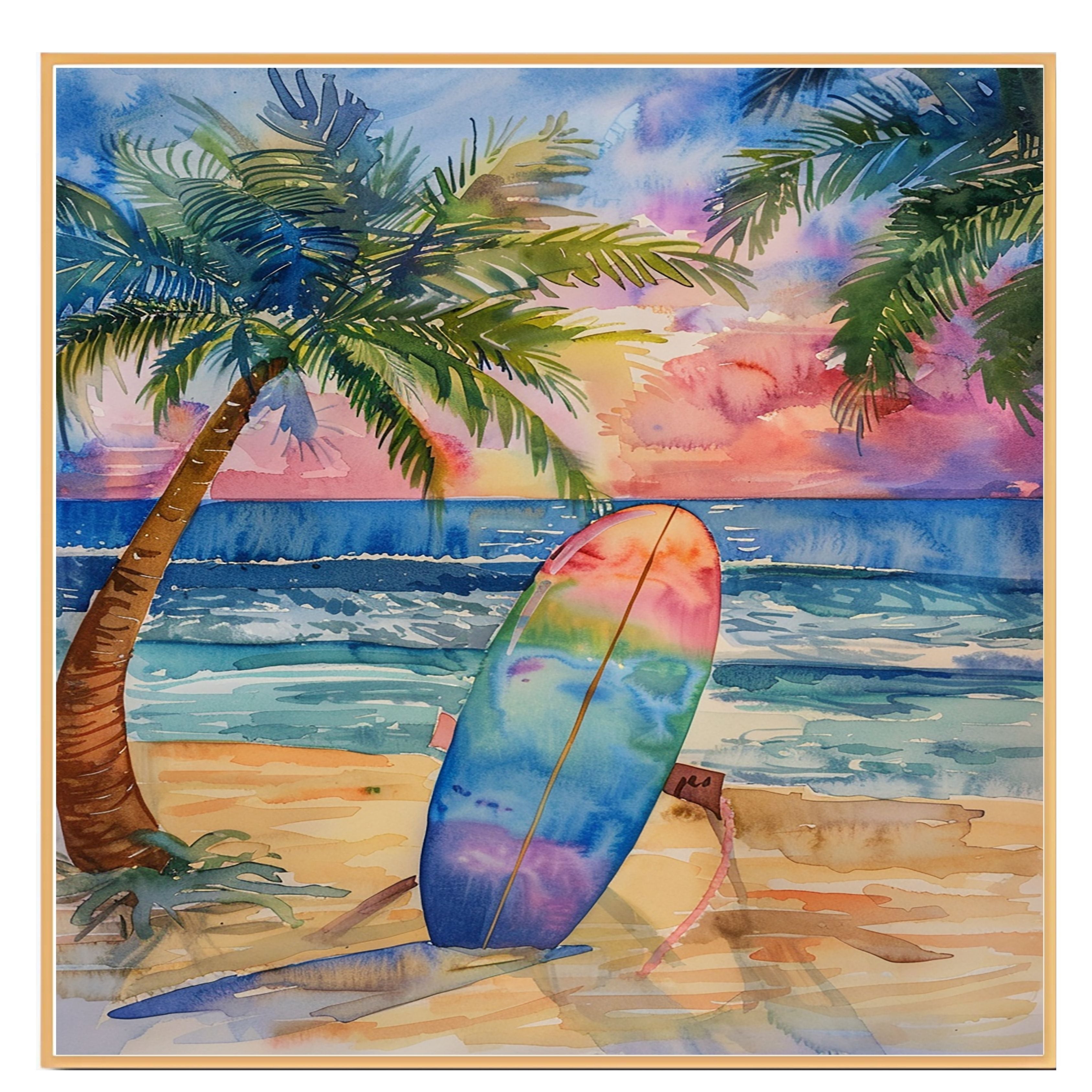 Watercolor Painting of a Colorful Surfboard on Beach at Sunset with Palm Trees on Ready to Hang 1.5" Thick Canvas Wrap, Floating Framed Canvas, Flat Rolled Canvas
