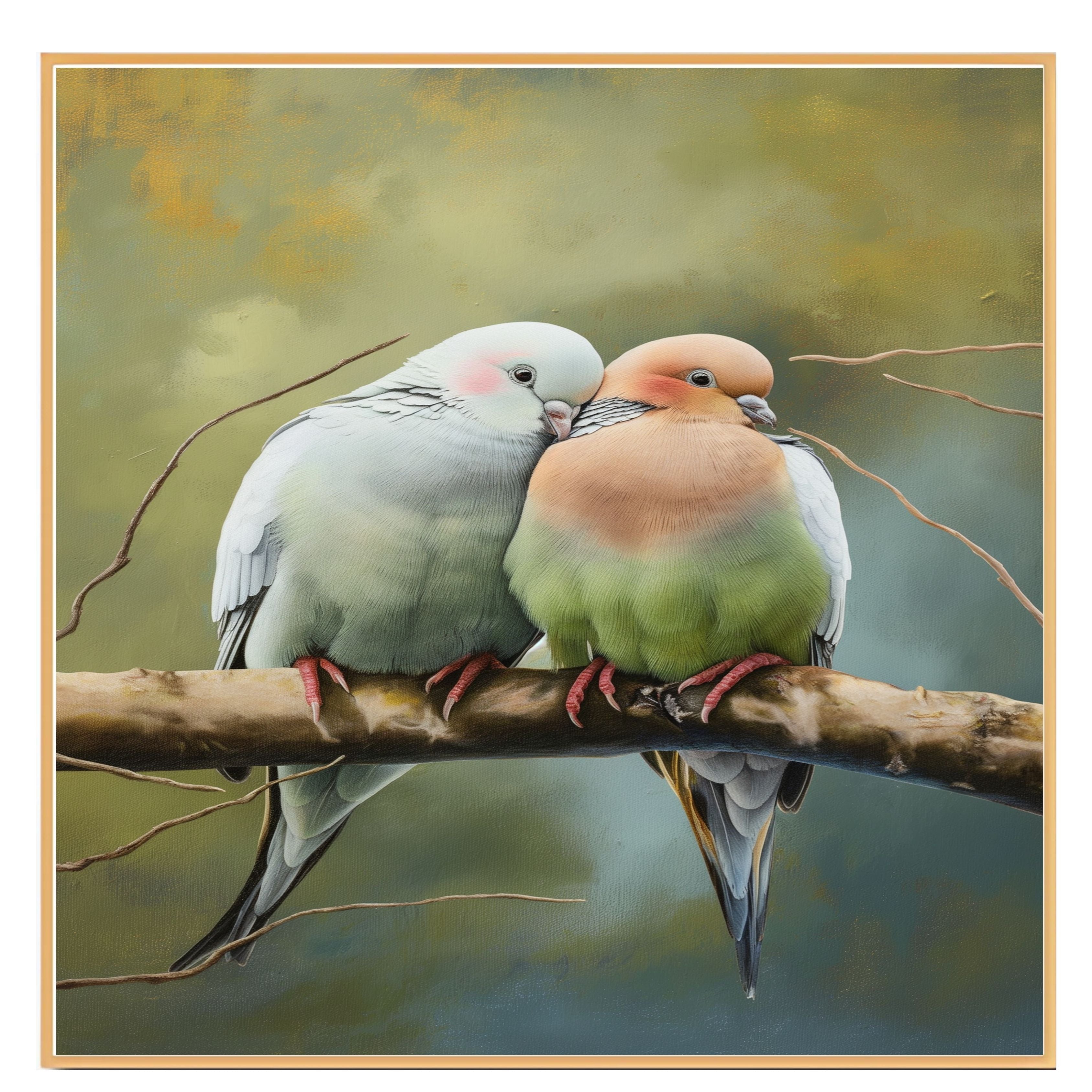Charming Bird Couple Snuggled on Branch in Soft Pastel Tones with Forest Background Perfect for Romantic Ambiance and Nature Inspired Art Lovers on Ready to Hang 1.5" Thick Canvas Wrap, Floating Framed Canvas, Flat Rolled Canvas