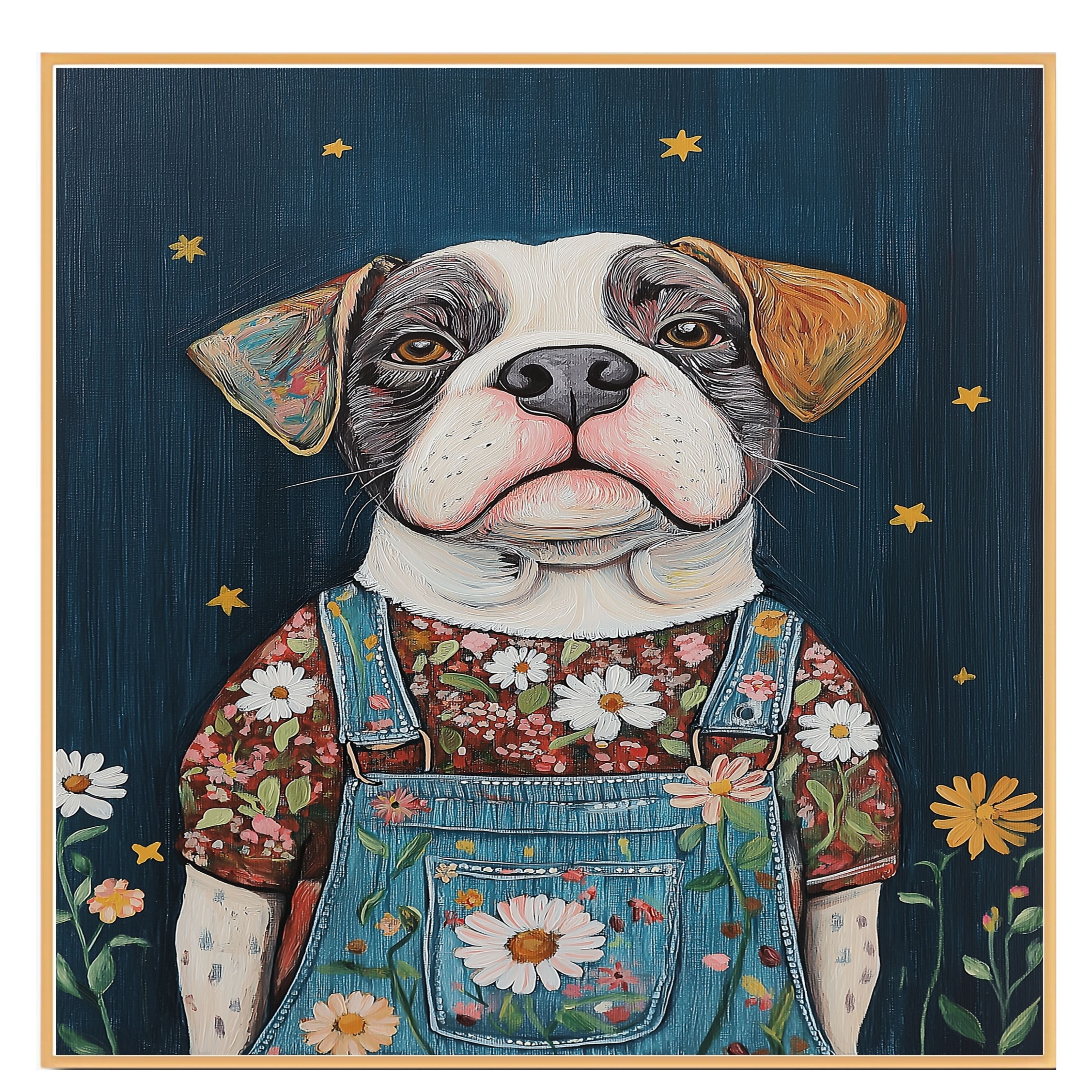 Charming Dog in Overalls and Floral Shirt Under Starry Sky Whimsical Dog Art Farmhouse Nursery Living Room Decor Perfect for Dog Lovers and Gift Ideas on Ready to Hang 1.5" Thick Canvas Wrap, Floating Framed Canvas, Flat Rolled Canvas