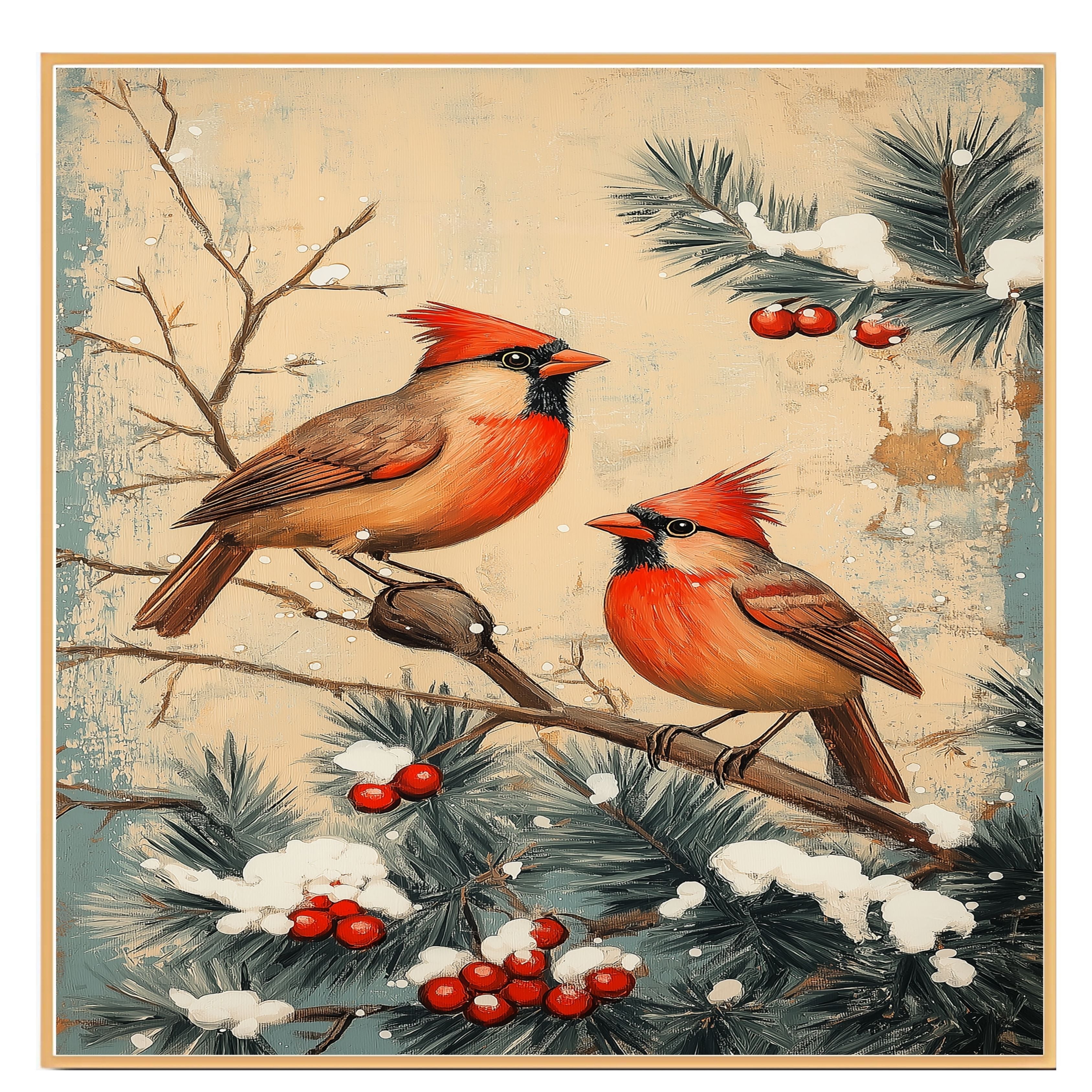 Charming Retro Style Painting of Two Cardinals on Snowy Branches with Pine and Red Berries Perfect for Christmas Decoration or Winter Nature Themed Gift on Ready to Hang 1.5" Thick Canvas Wrap, Floating Framed Canvas, Flat Rolled Canvas