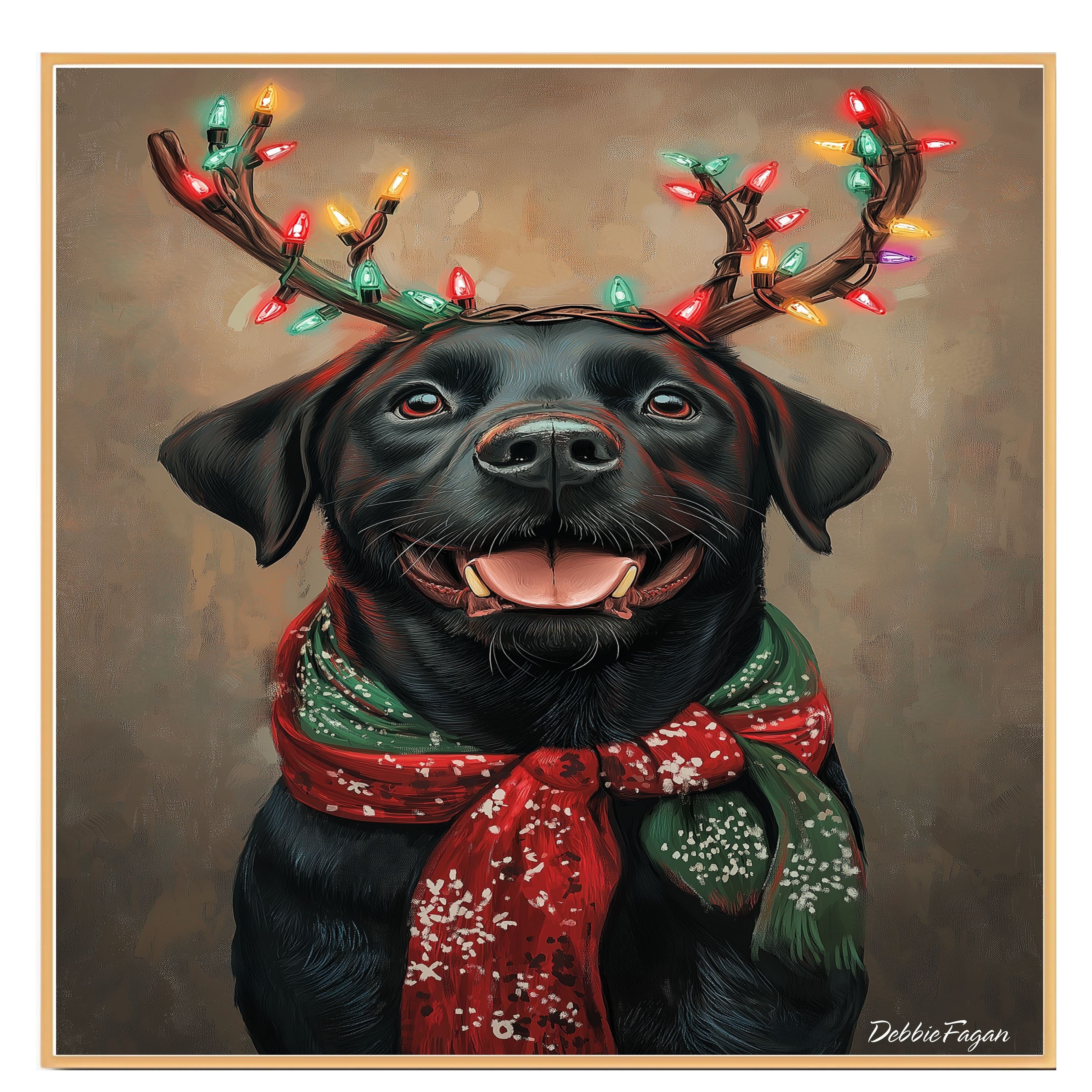 "Rustic Antlers" - Black Labrador Dog with Christmas Lights & Cozy Scarf on Rustic Background, Ready to Hang 1.5" Thick Canvas Wrap, Floating Framed Canvas, Flat Rolled Canvas