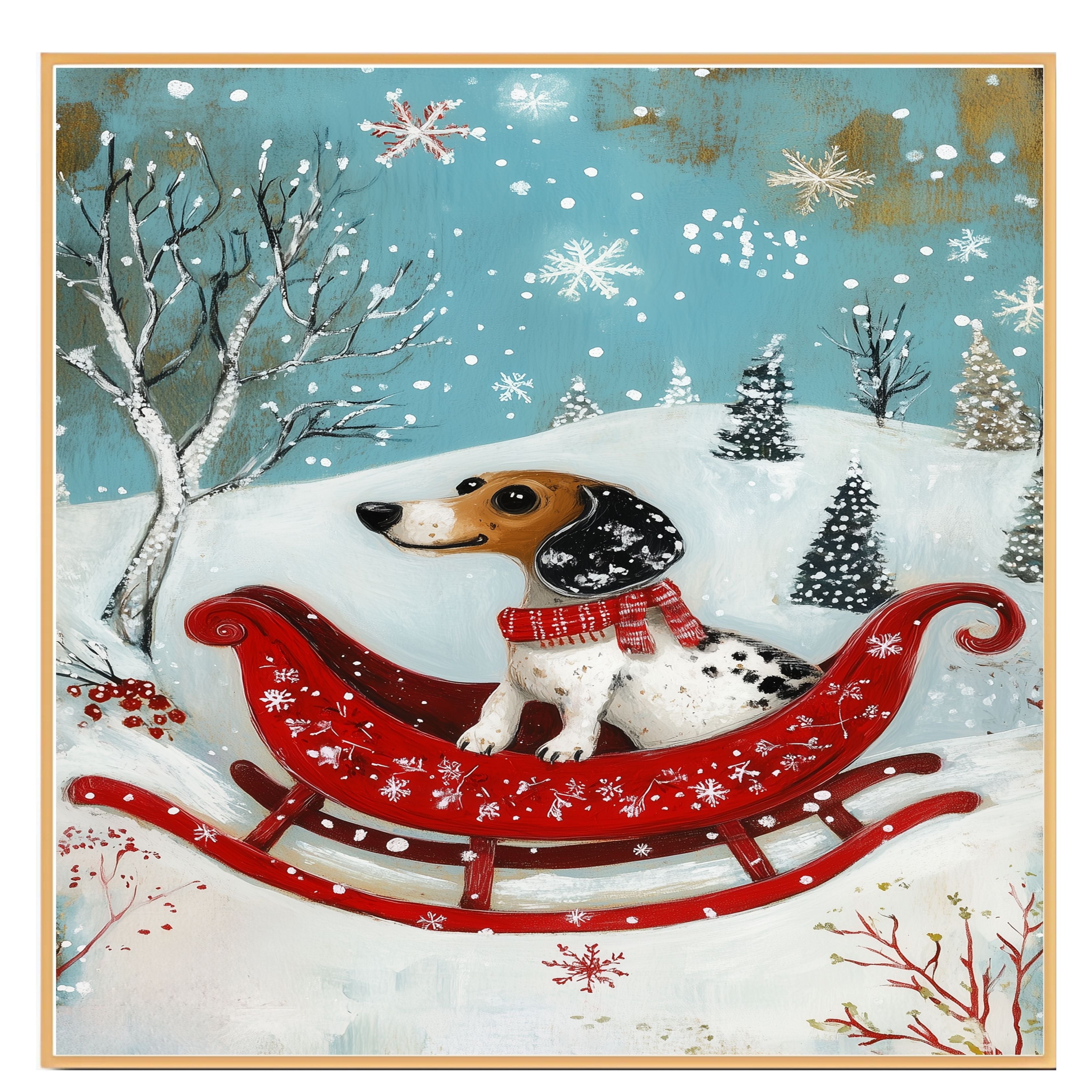 Dachshund in Red Sleigh Winter Forest Scene Whimsical Christmas Dog Wall Art, Holiday Pet Illustration, Cozy Festive Decor or Gift for Dog Lovers on Ready to Hang 1.5" Thick Canvas Wrap, Floating Framed Canvas, Flat Rolled Canvas