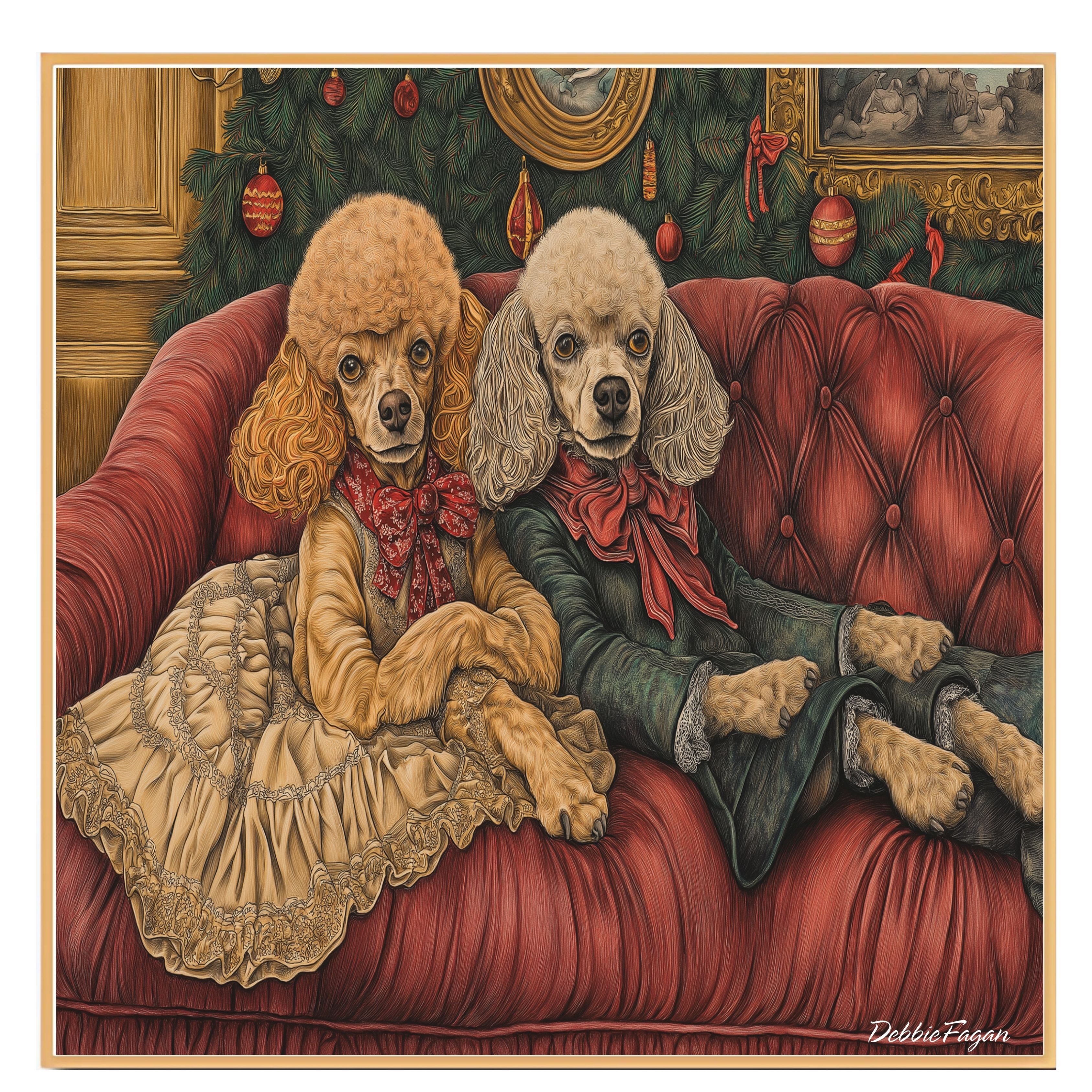 Dog Christmas Canvas  - "Poodle Pampering" - Elegant Poodles Lounging on a Vintage Red Ornate Sofa on Ready to Hang 1.5" Thick Canvas Wrap, Floating Framed Canvas, Flat Rolled Canvas