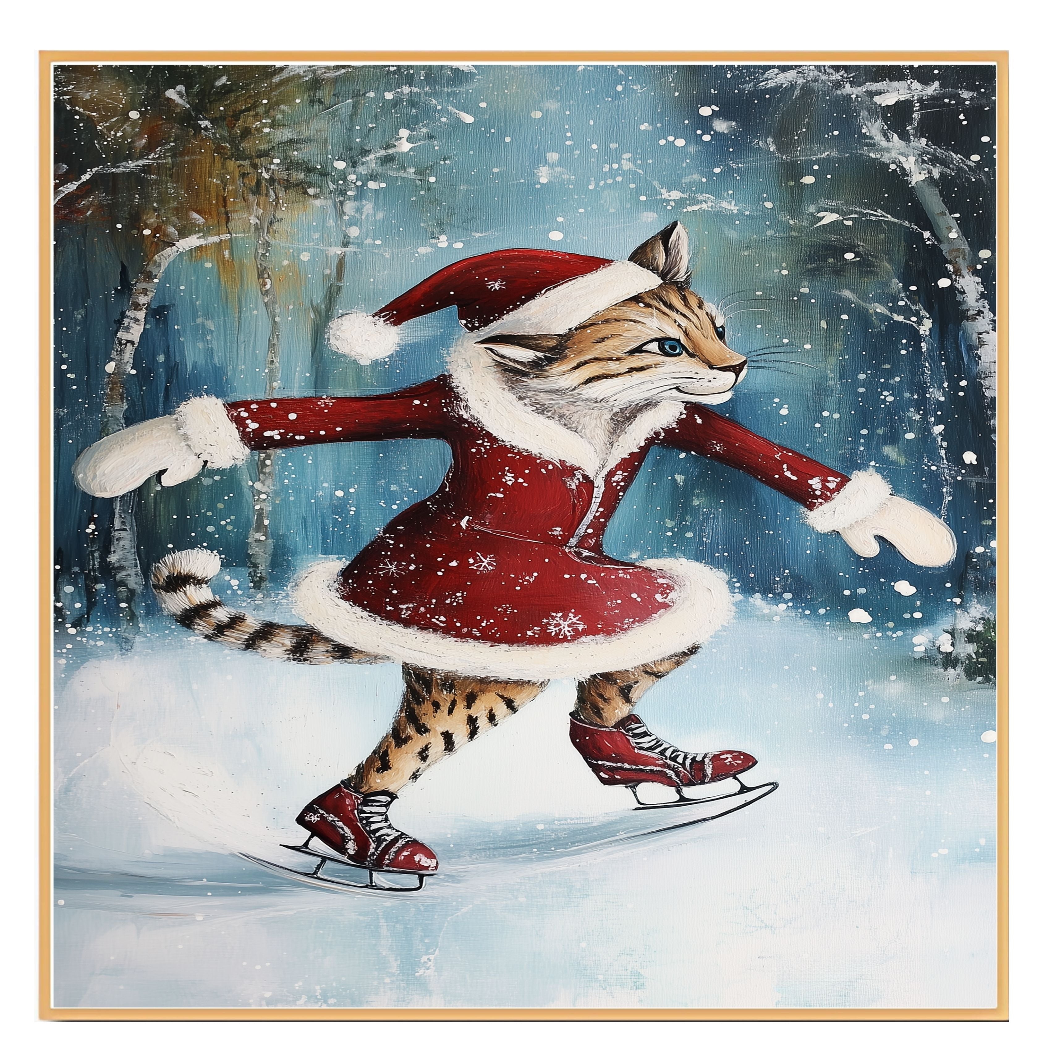 Festive Cougar Ice Skating in Red Santa Dress Whimsical Christmas Wall Art Featuring Wild Cat in Snowy Forest – Holiday Decor for Animal and Winter Art Fans on Ready to Hang 1.5" Thick Canvas Wrap, Floating Framed Canvas, Flat Rolled Canvas