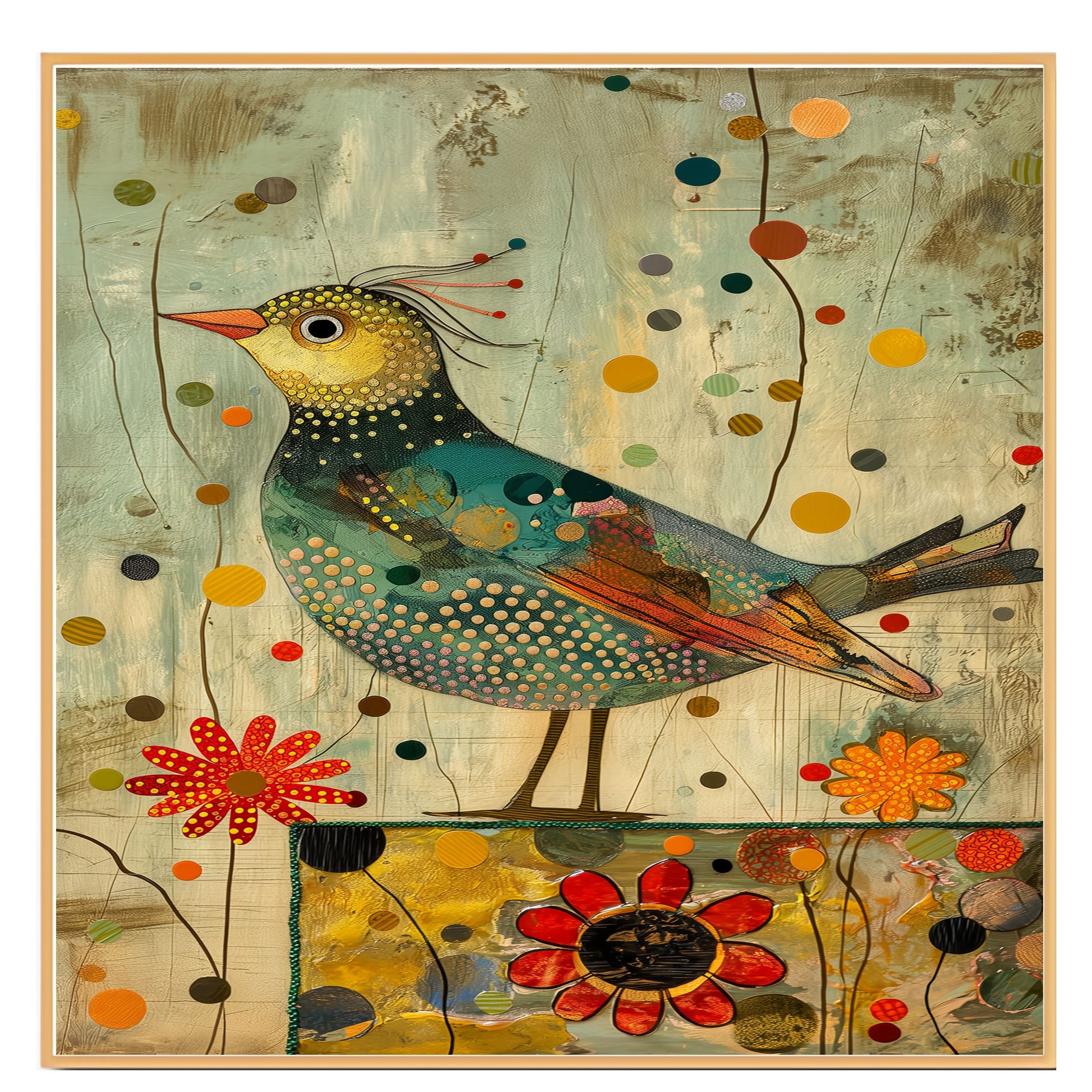 Charming Painting of a Whimsical Bird with Dotted Feathers and Abstract Flowers in Warm Earthy Colors Perfect for Nature Inspired or Eclectic Home Accents on Ready to Hang 1.5" Thick Canvas Wrap, Floating Framed Canvas, Flat Rolled Canvas
