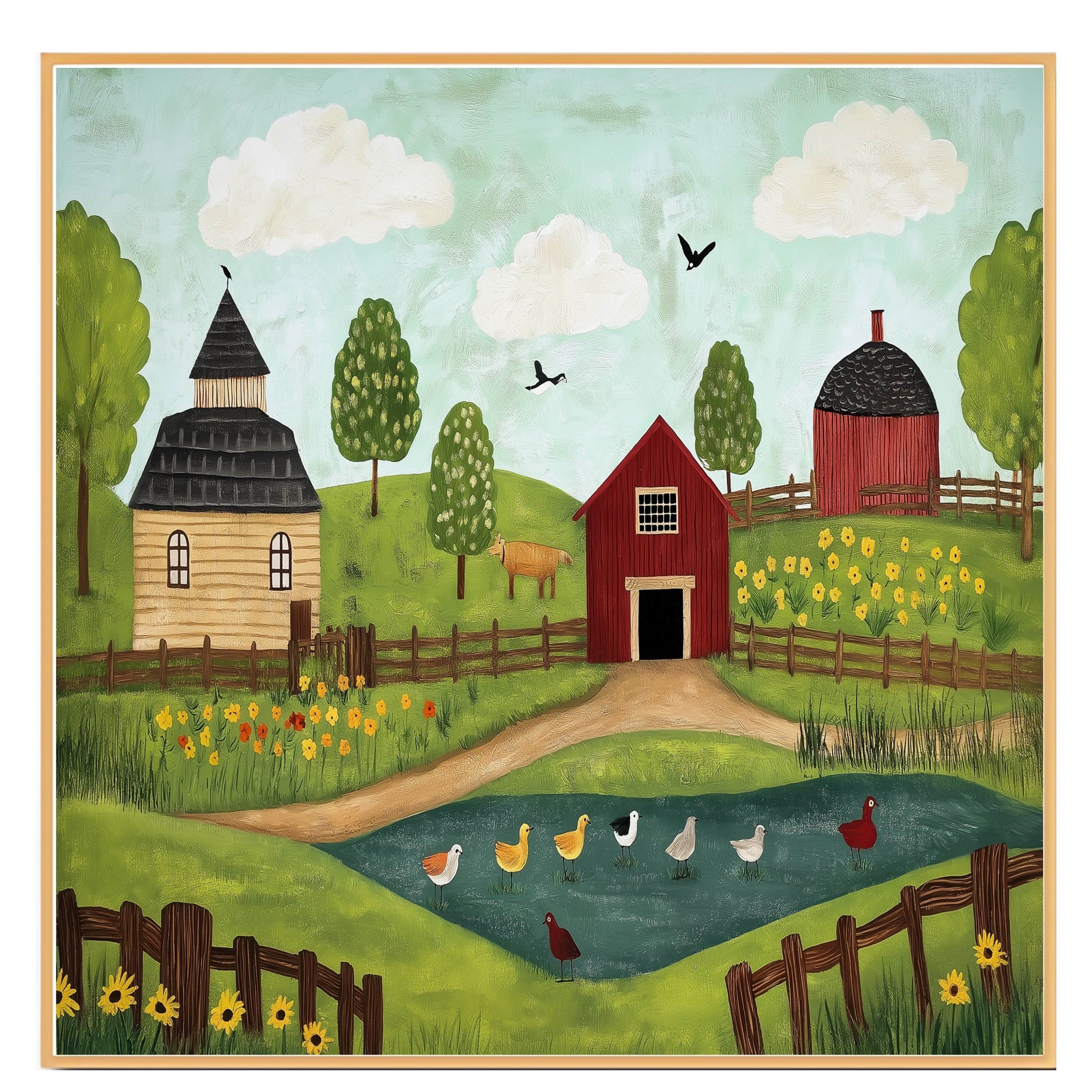 Whimsical Farm Folk Art Print with Red Barn Ducks and Flowers Hand Drawn Country Scene Illustration for Rustic Kitchen Wall Decor or Charming Gift Idea on Ready to Hang 1.5" Thick Canvas Wrap, Floating Framed Canvas, Flat Rolled Canvas
