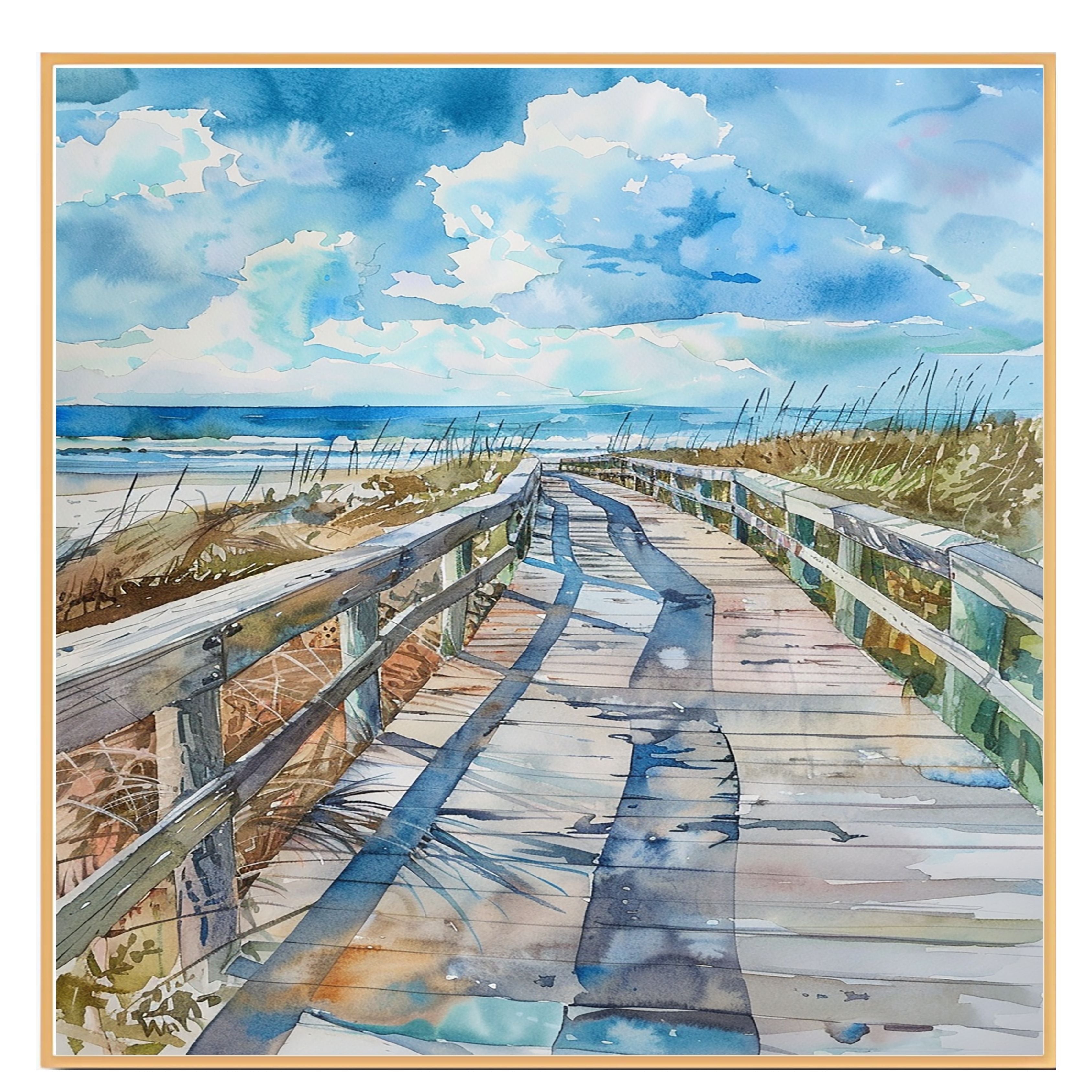Curved Coastal Boardwalk Watercolor Painting – Beach Pathway with Ocean View and Sky on Ready to Hang 1.5" Thick Canvas Wrap, Floating Framed Canvas, Flat Rolled Canvas