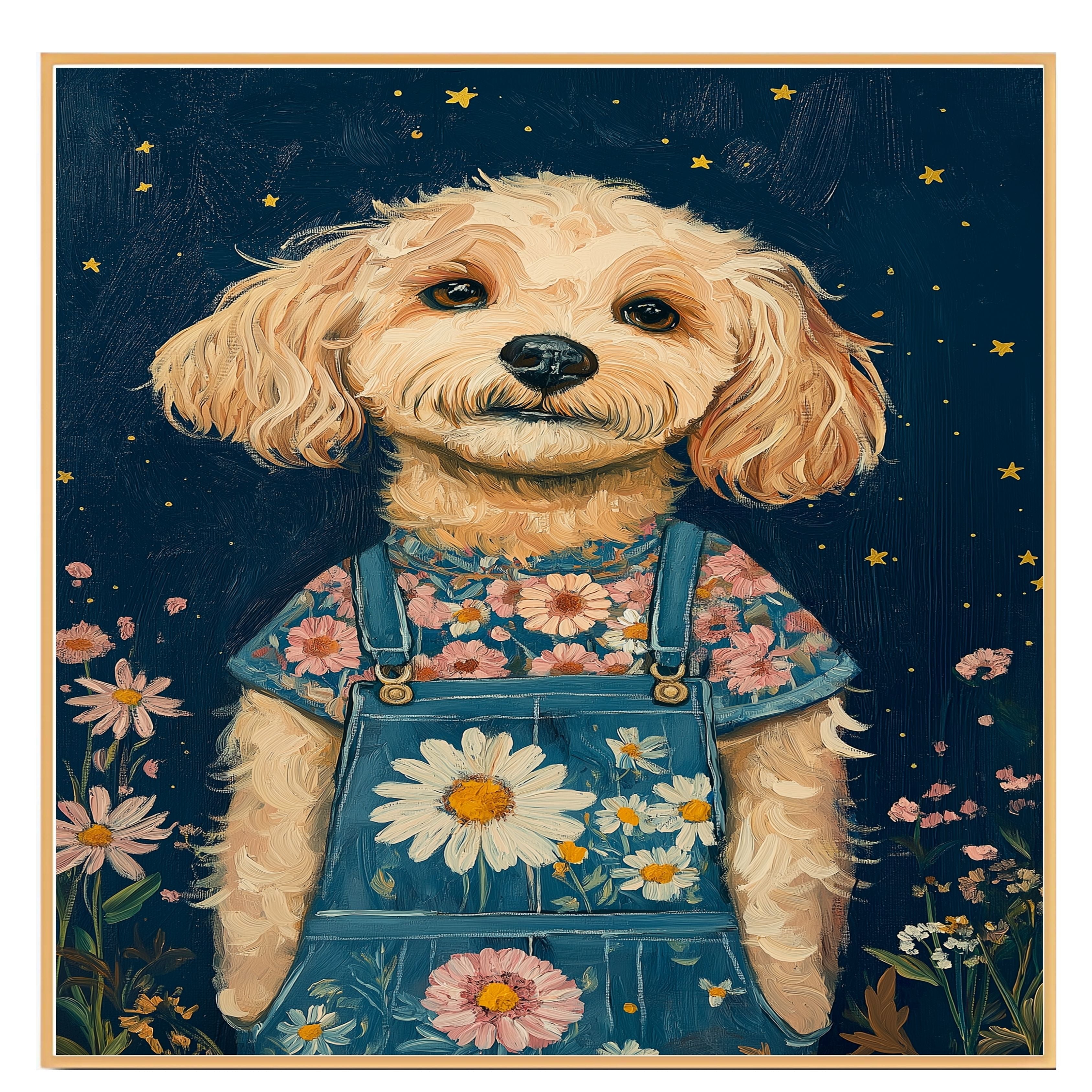Charming Dog in Overalls with Floral Shirt Whimsical Animal Art for Nursery Rustic Farmhouse Decor Cute Dog Lover Gift Wall Print for Bedroom or Living Room on Ready to Hang 1.5" Thick Canvas Wrap, Floating Framed Canvas, Flat Rolled Canvas