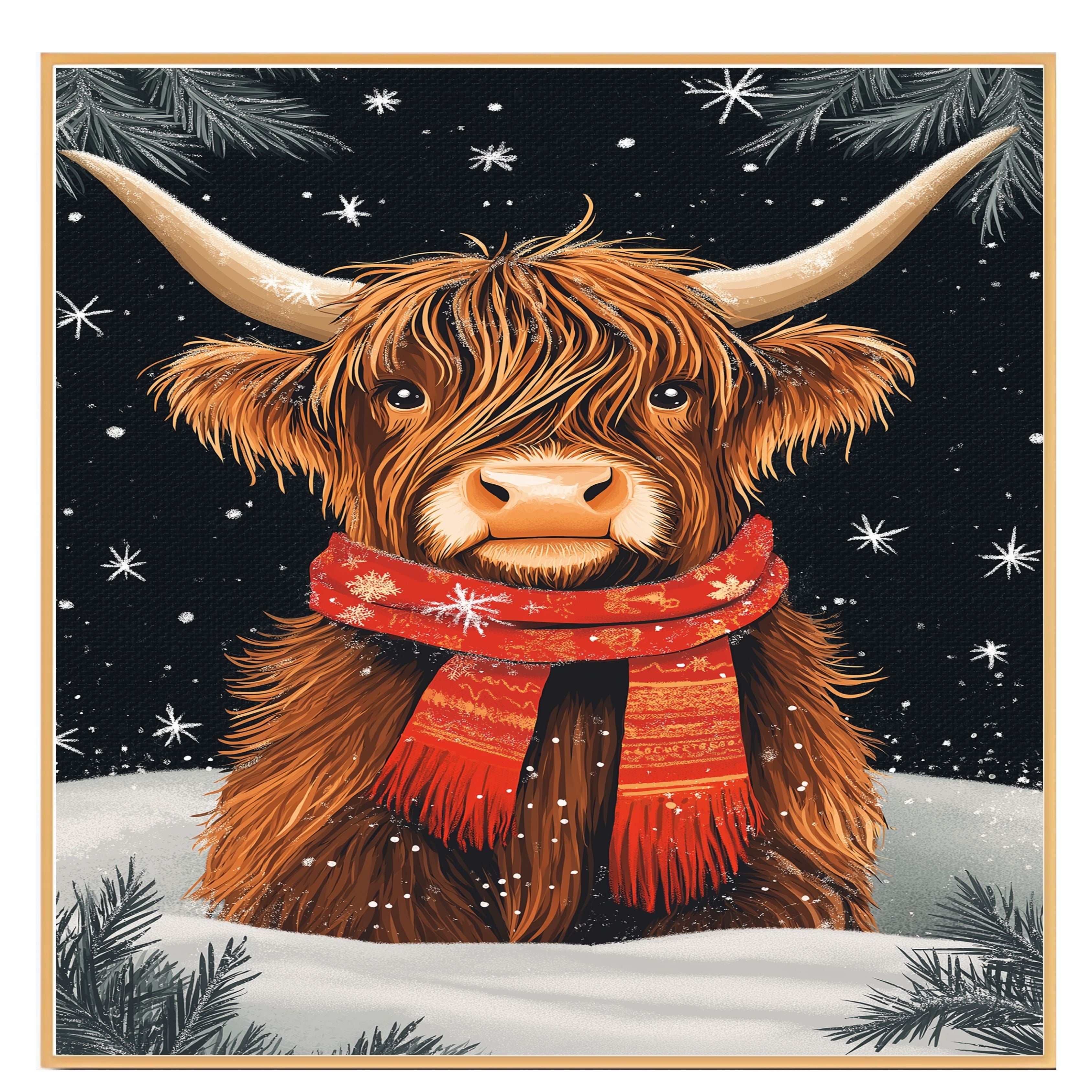 "Highland Winter Charm" - Highland Cow in Red Scarf Resting in Snow on Ready to Hang 1.5" Thick Canvas Wrap, Floating Framed Canvas, Flat Rolled Canvas