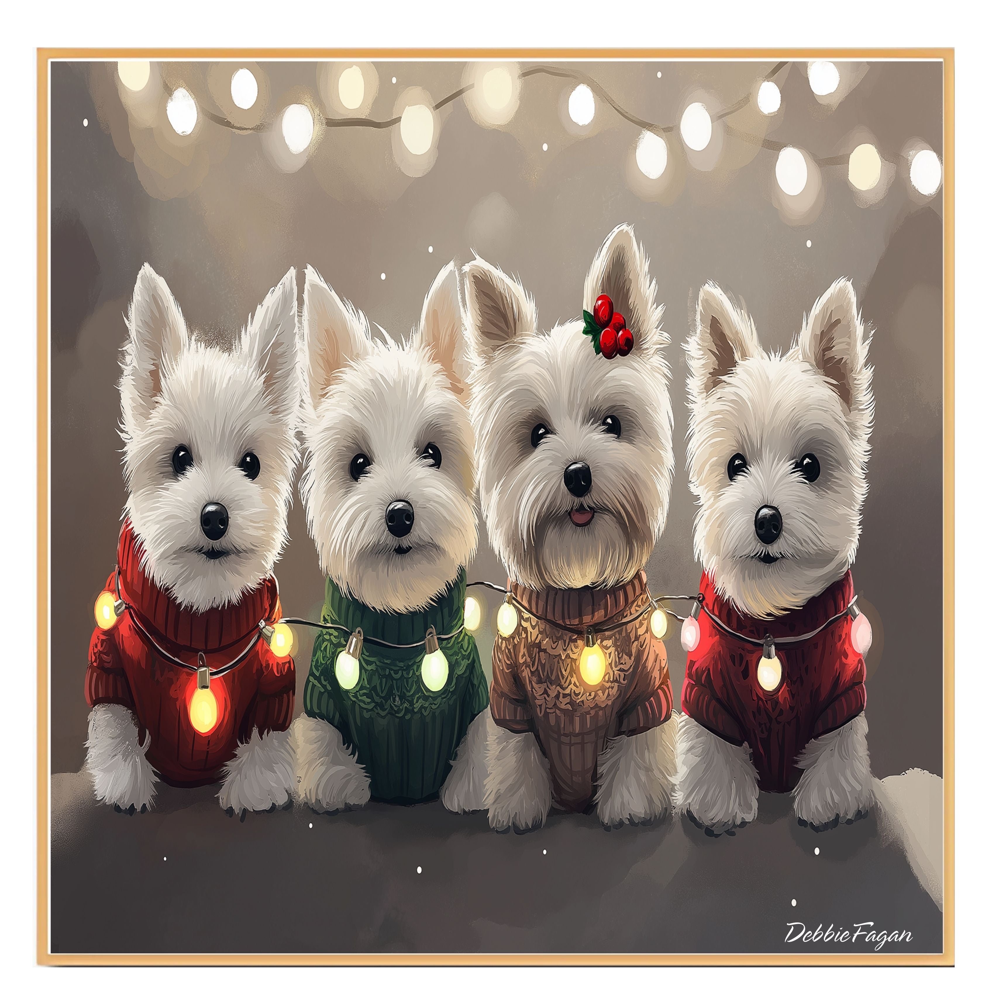 "Westie Winter Glow" - West Highland Terriers in Festive Sweaters and Christmas Lights on Snowy Background on Ready to Hang 1.5" Thick Canvas Wrap, Floating Framed Canvas, Flat Rolled Canvas