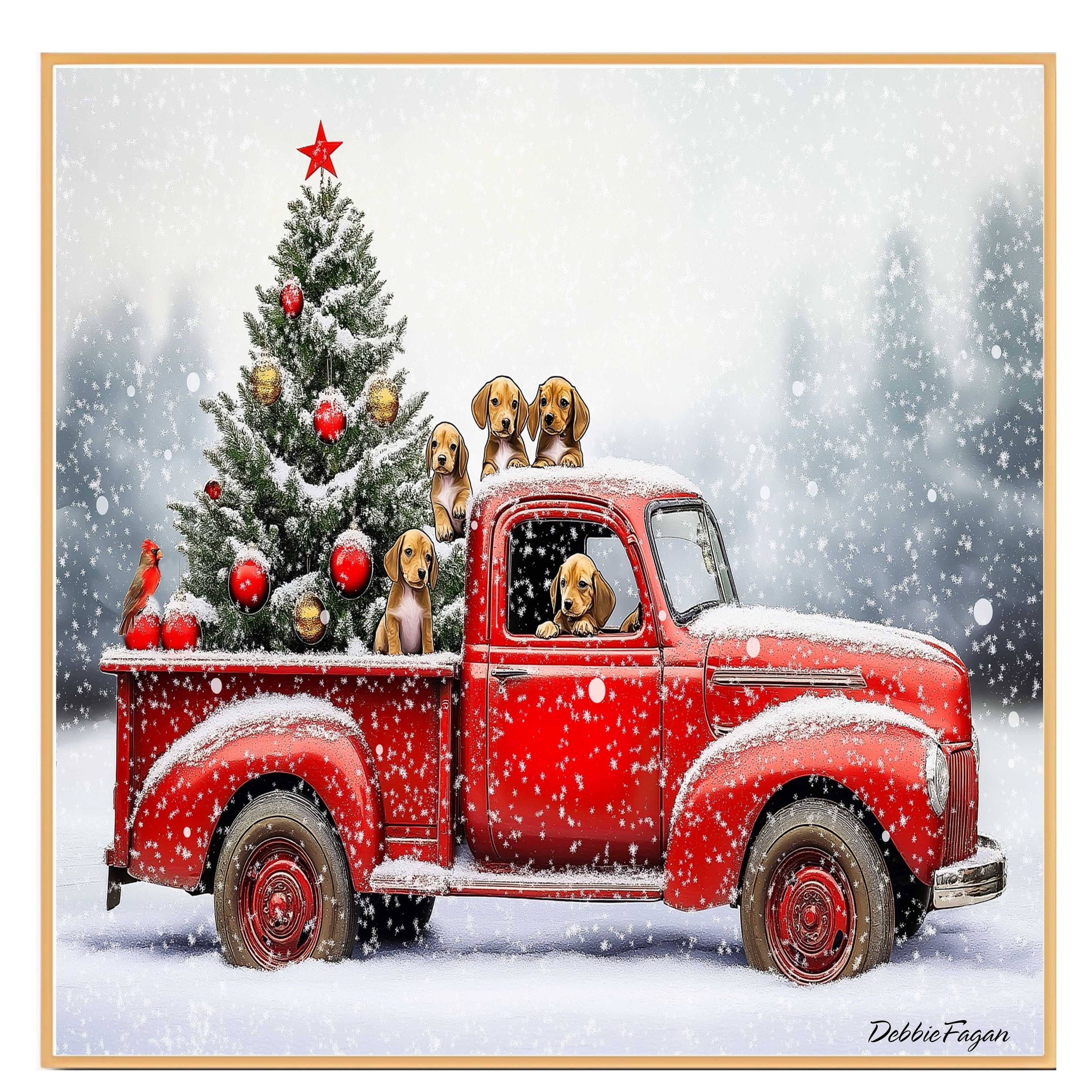 Dog Christmas Canvas - "Puppy Parade" - Vizsla Puppies in a Vintage Red Truck with Christmas Tree on Ready to Hang 1.5" Thick Canvas Wrap, Floating Framed Canvas, Flat Rolled Canvas