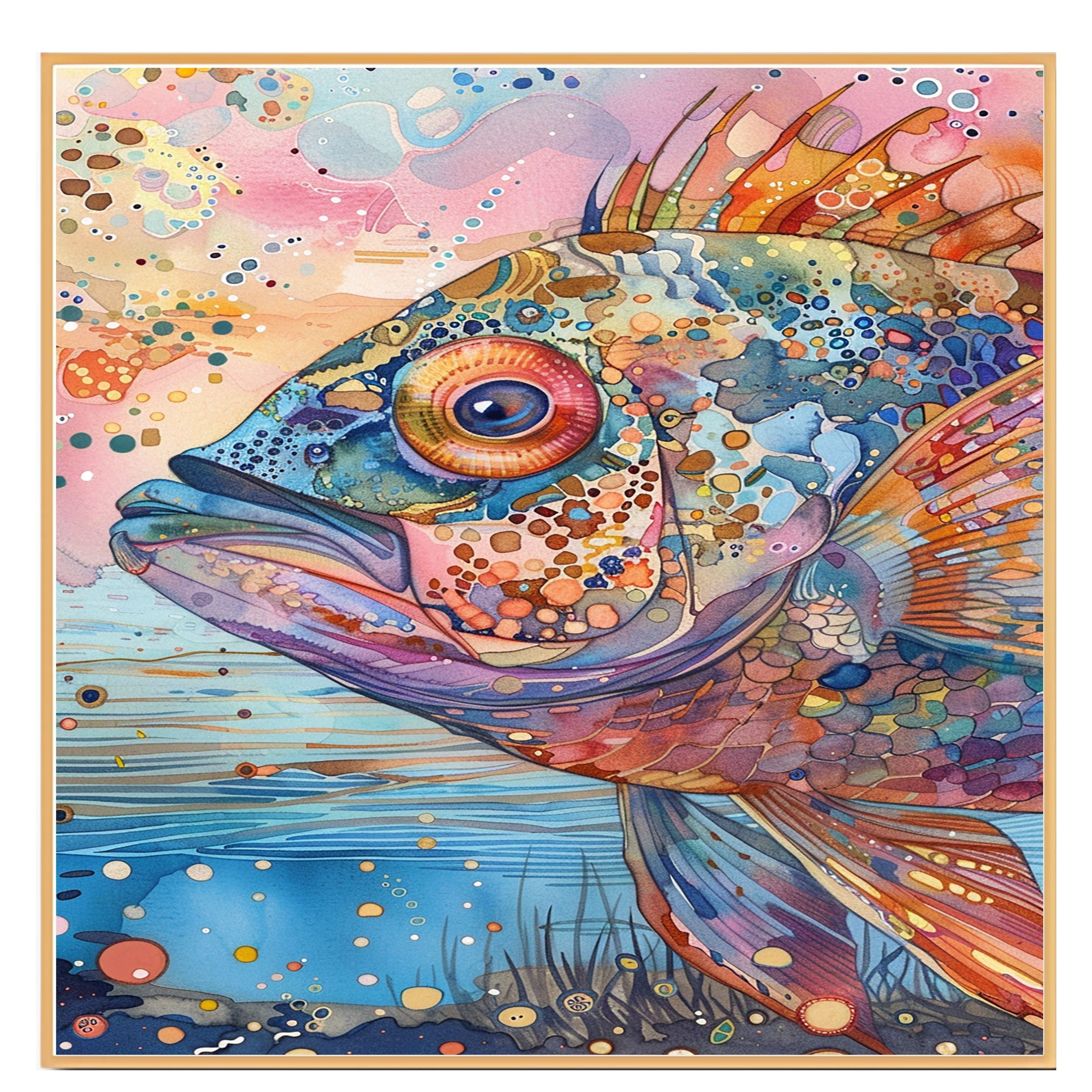 Abstract Watercolor Fish Close-Up in Multicolor Pattern with Ocean Background for Aquatic Wall Art Lovers on Ready to Hang 1.5" Thick Canvas Wrap, Floating Framed Canvas, Flat Rolled Canvas