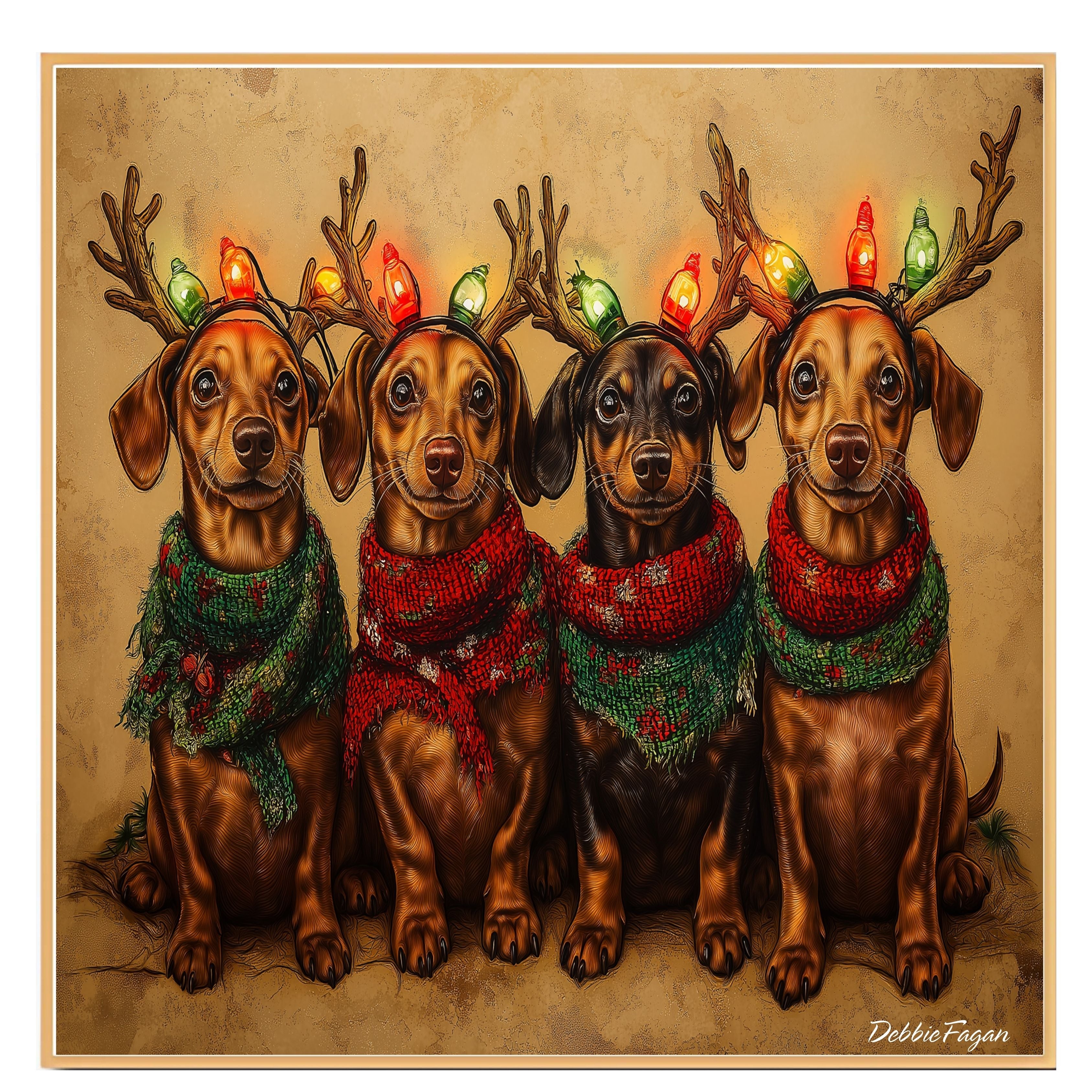 Dachshund Christmas Canvas - "Rusty Rudolph" - Festively Adorned Dachshund in Cozy Scarves Rustic Style Art on Ready to Hang 1.5" Thick Canvas Wrap, Floating Framed Canvas, Flat Rolled Canvas