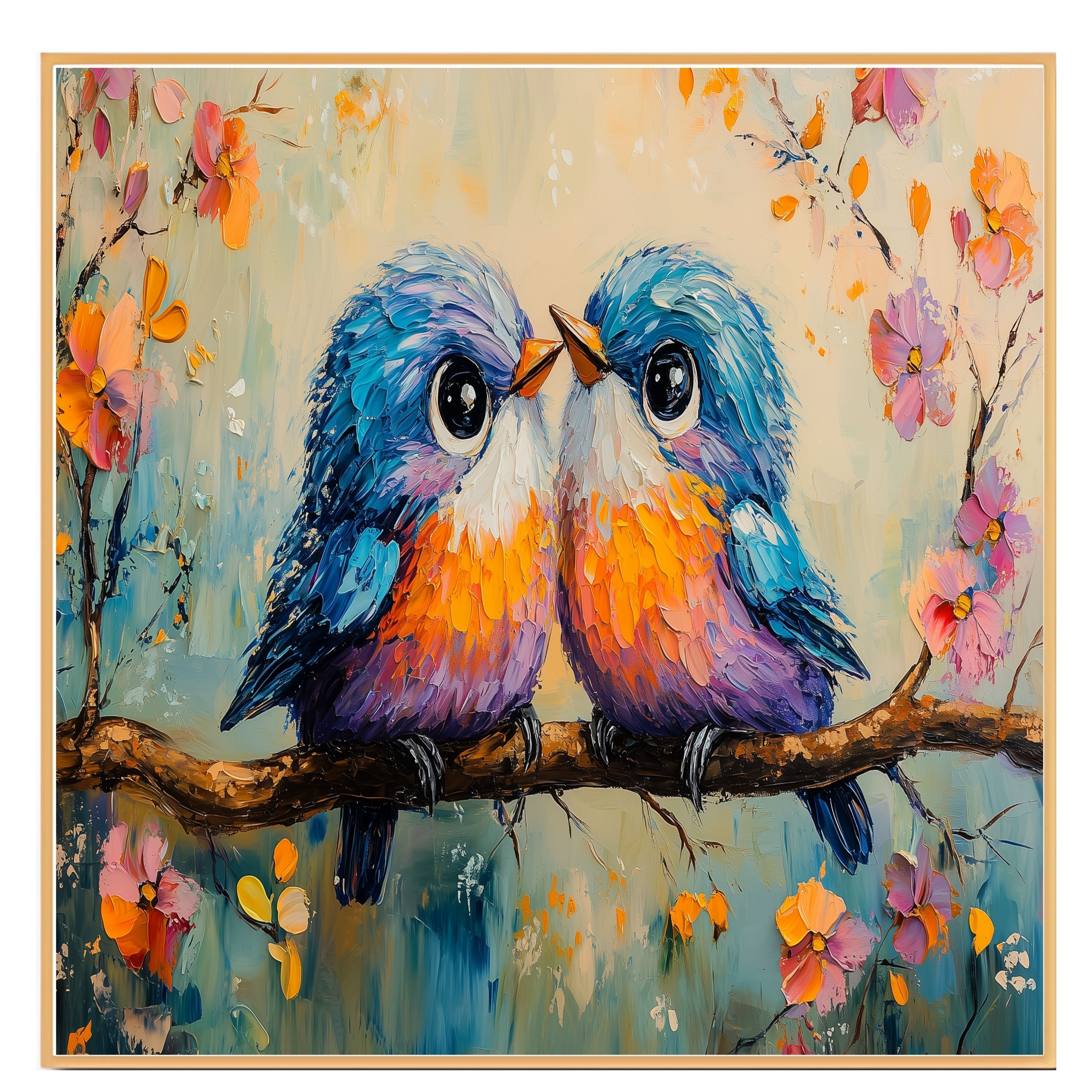 Painting of Two Cute Plump Birds Sitting Close Together on a Blossom Covered Branch with Bright Feathers Big Eyes and a Playful Springtime Background on Ready to Hang 1.5" Thick Canvas Wrap, Floating Framed Canvas, Flat Rolled Canvas