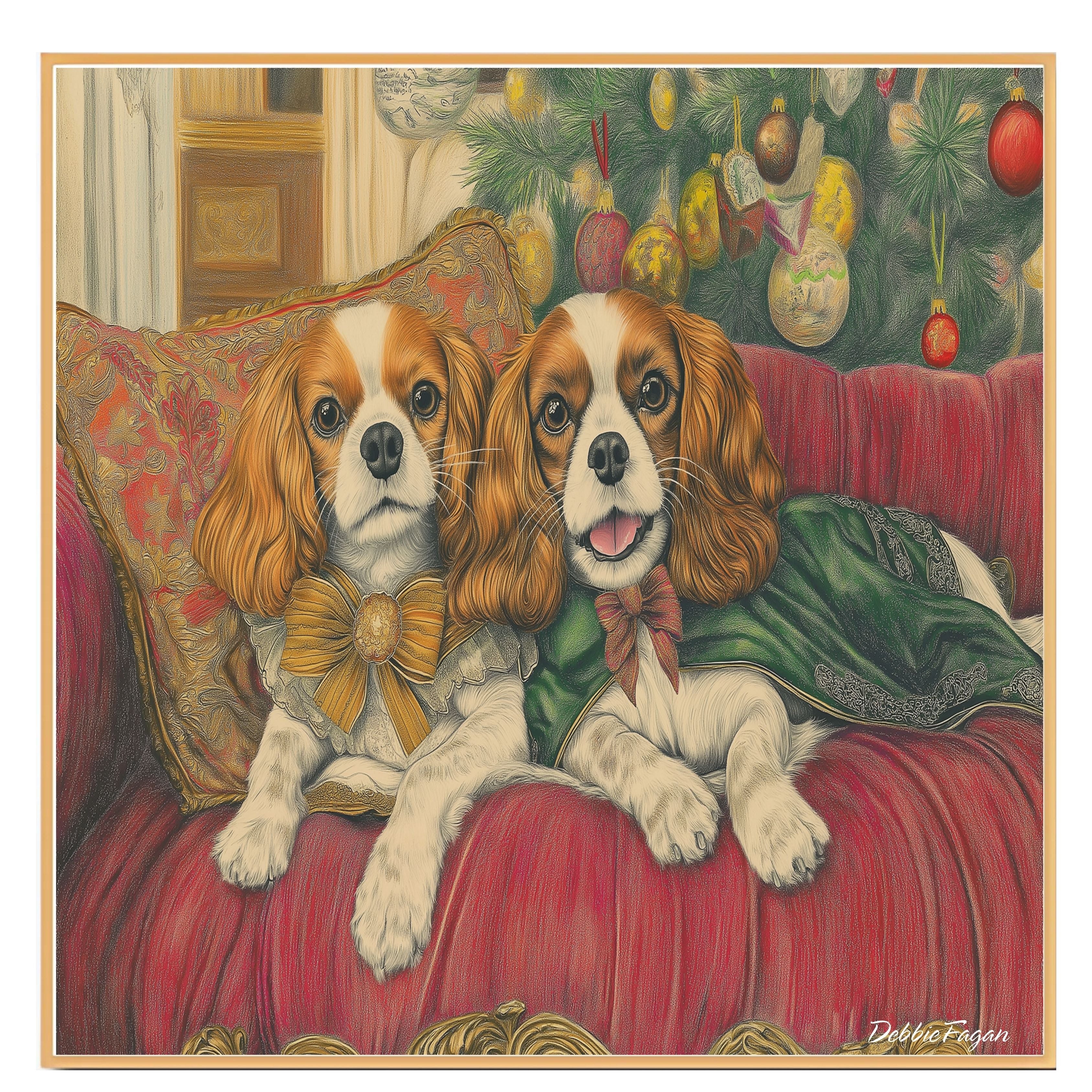 Dog Christmas Canvas - "Regal Retreat" - Elegant Cavalier King Charles Spaniel Lounging on a Vintage Red Ornate Sofa on Ready to Hang 1.5" Thick Canvas Wrap, Floating Framed Canvas, Flat Rolled Canvas