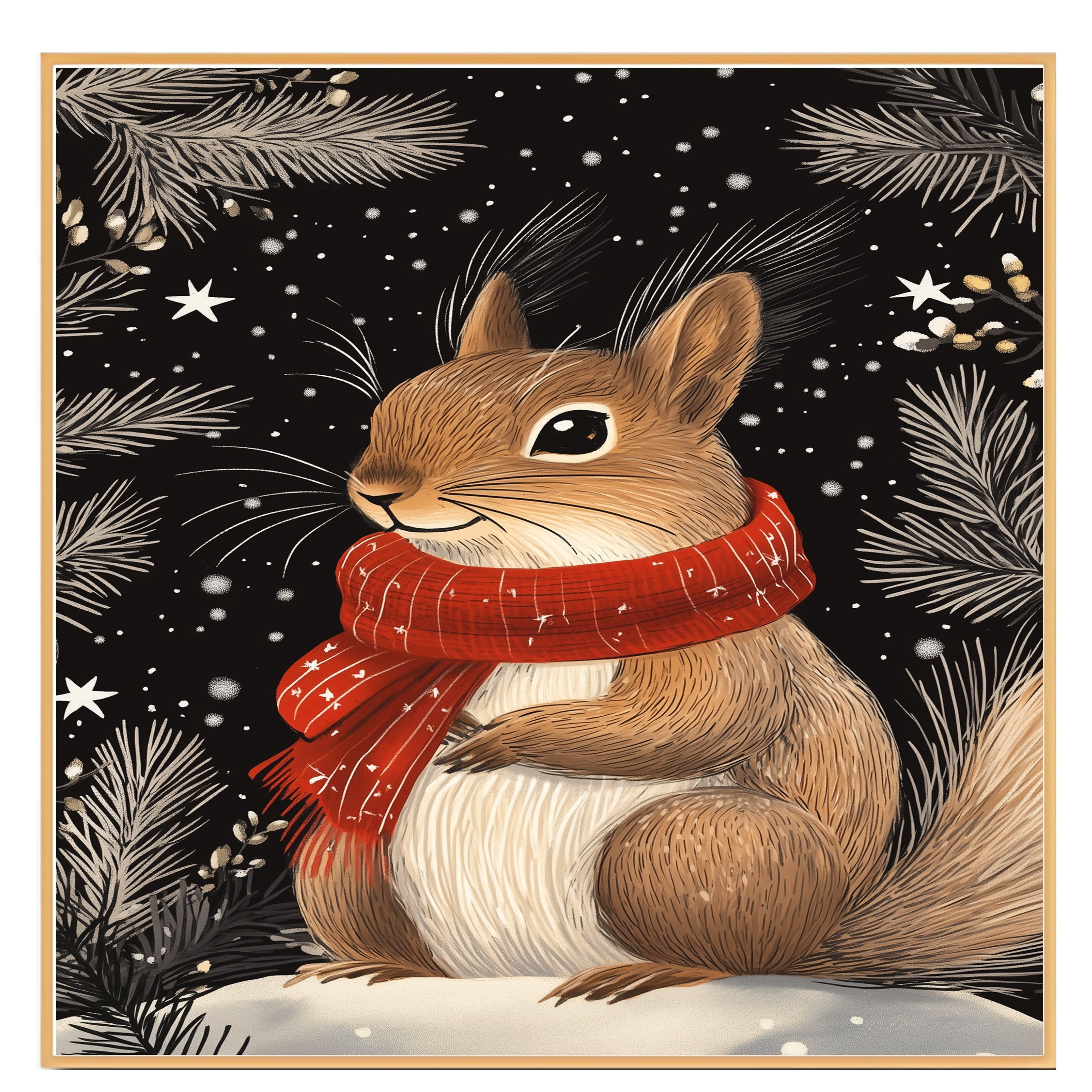 "Snowy Whimsy Squirrel" - Squirrel in Red Scarf Holding an Acorn in Winter Snow on Ready to Hang 1.5" Thick Canvas Wrap, Floating Framed Canvas, Flat Rolled Canvas