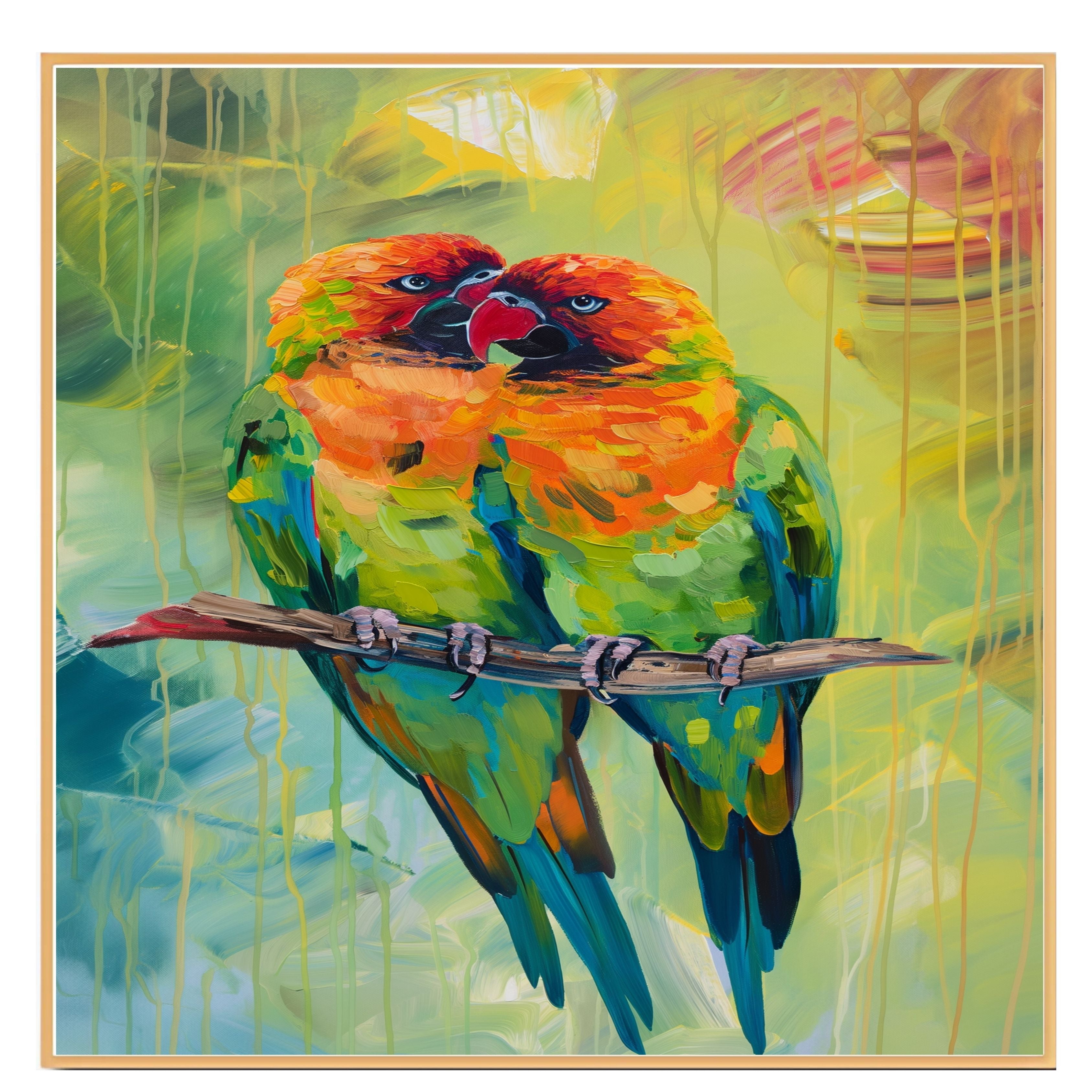 Expressive Parrot Pair Artwork Featuring Bright Orange and Green Feathers on a Branch with Lush Abstract Jungle Background in Bold Textured Brushstrokes on Ready to Hang 1.5" Thick Canvas Wrap, Floating Framed Canvas, Flat Rolled Canvas