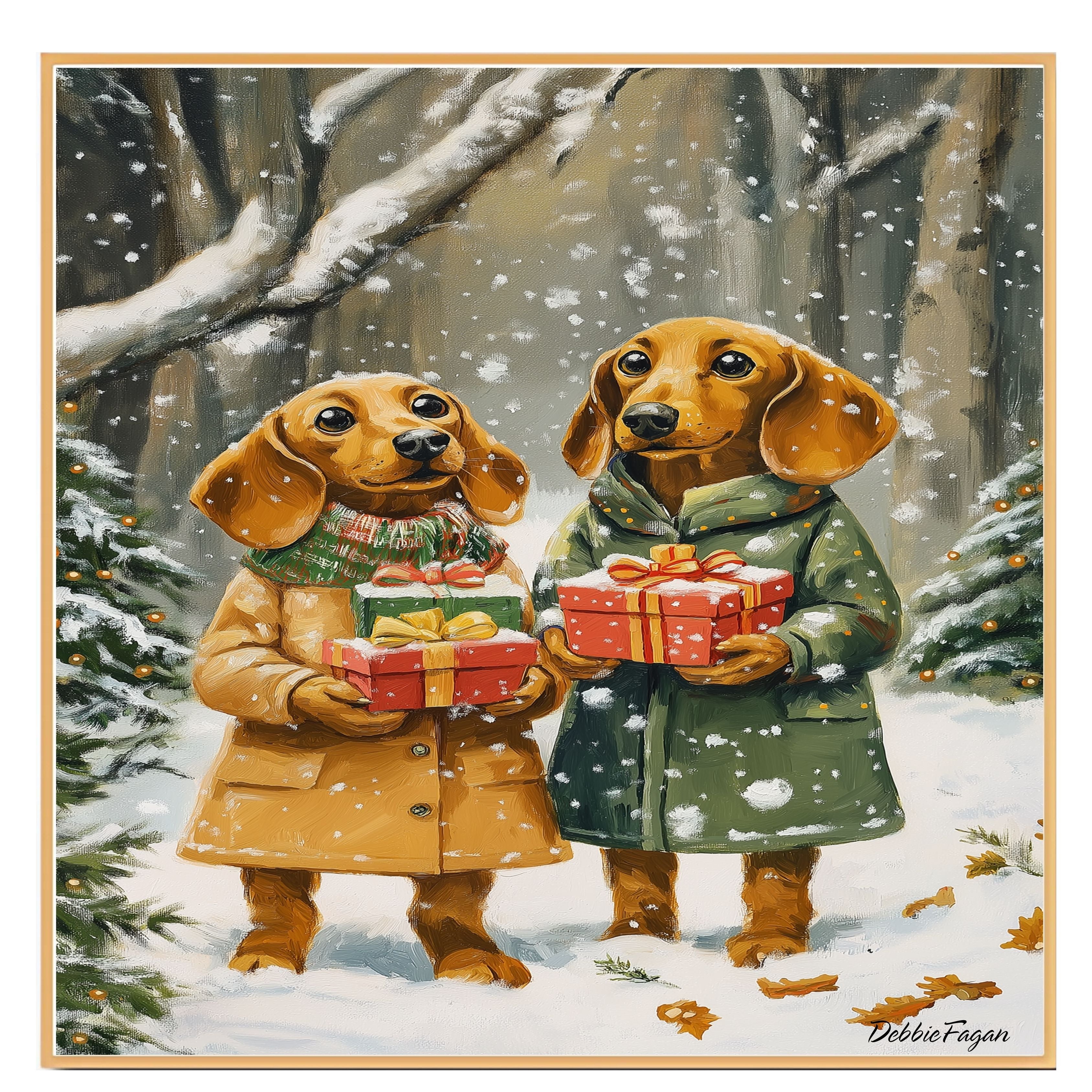 "Gift of Joy" - Dachshund Dogs in Cozy Winter Coats Holding Gifts in Snowy Forest, Ready to Hang 1.5" Thick Canvas Wrap, Floating Framed Canvas, Flat Rolled Canvas