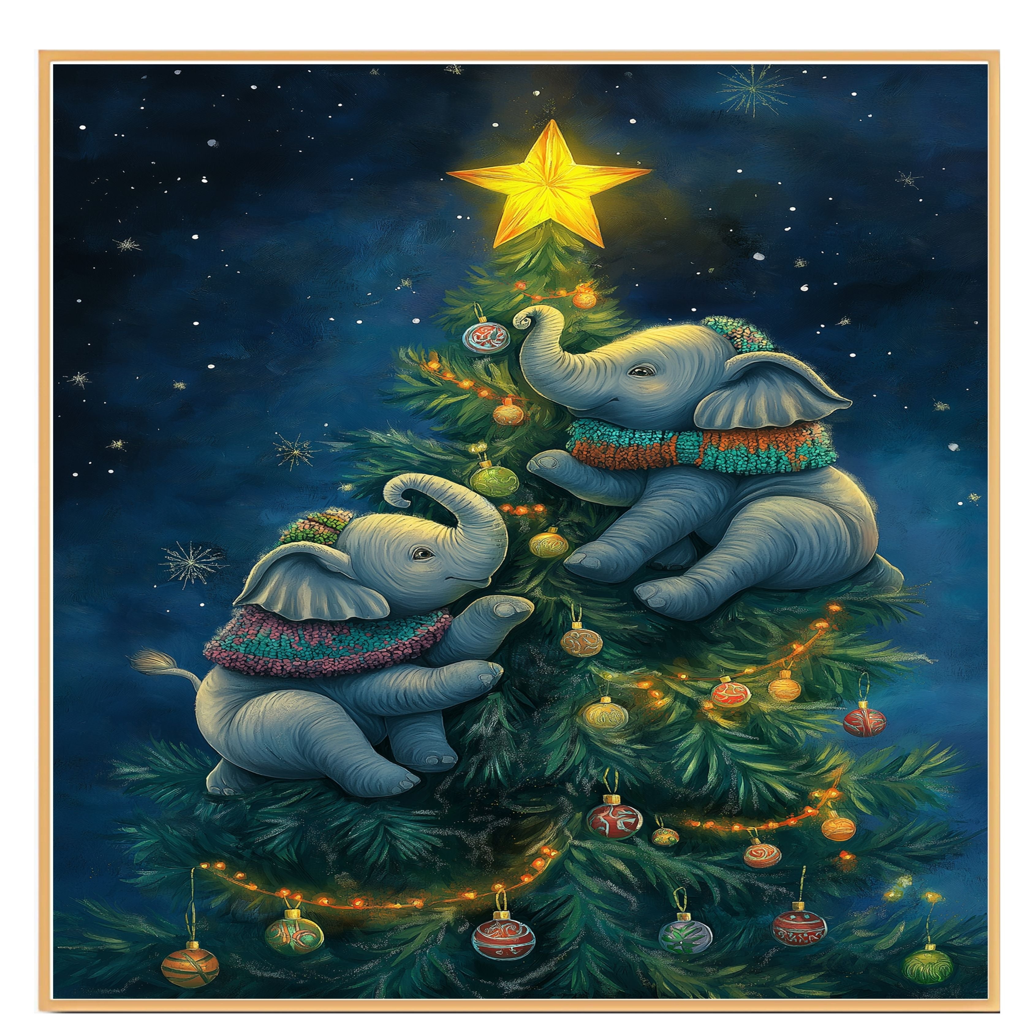 Christmas Baby Elephants Climbing Tree with Ornaments and Star in Cozy Sweaters Under a Starry Sky Holiday Art Print for Kids Room or Seasonal Decor on Ready to Hang 1.5" Thick Canvas Wrap, Floating Framed Canvas, Flat Rolled Canvas