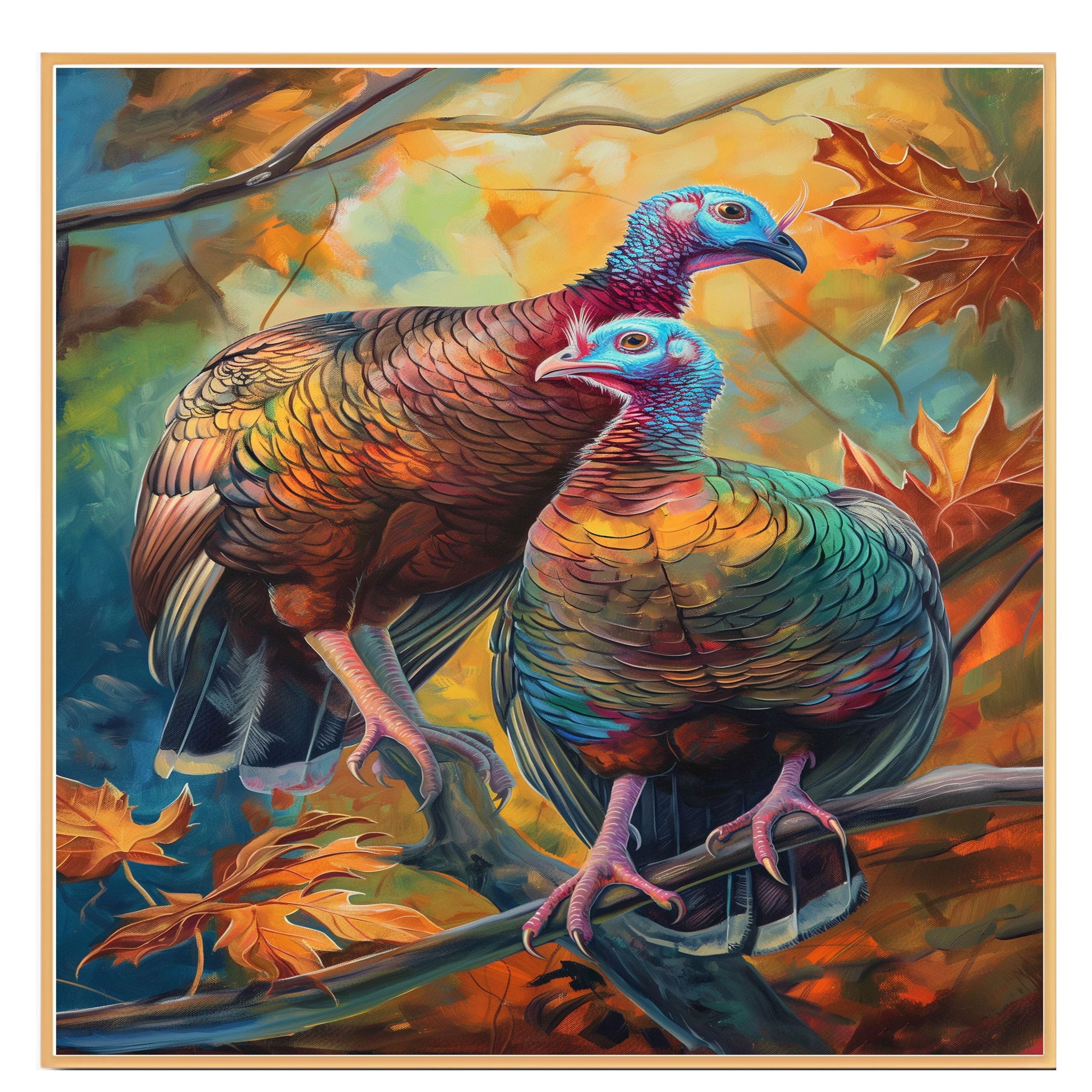 Colorful Wild Turkey Pair Perched on Branch Among Autumn Leaves with Vivid Feathers and Blue Faces in a Stunning Wildlife Nature Art Scene on Ready to Hang 1.5" Thick Canvas Wrap, Floating Framed Canvas, Flat Rolled Canvas