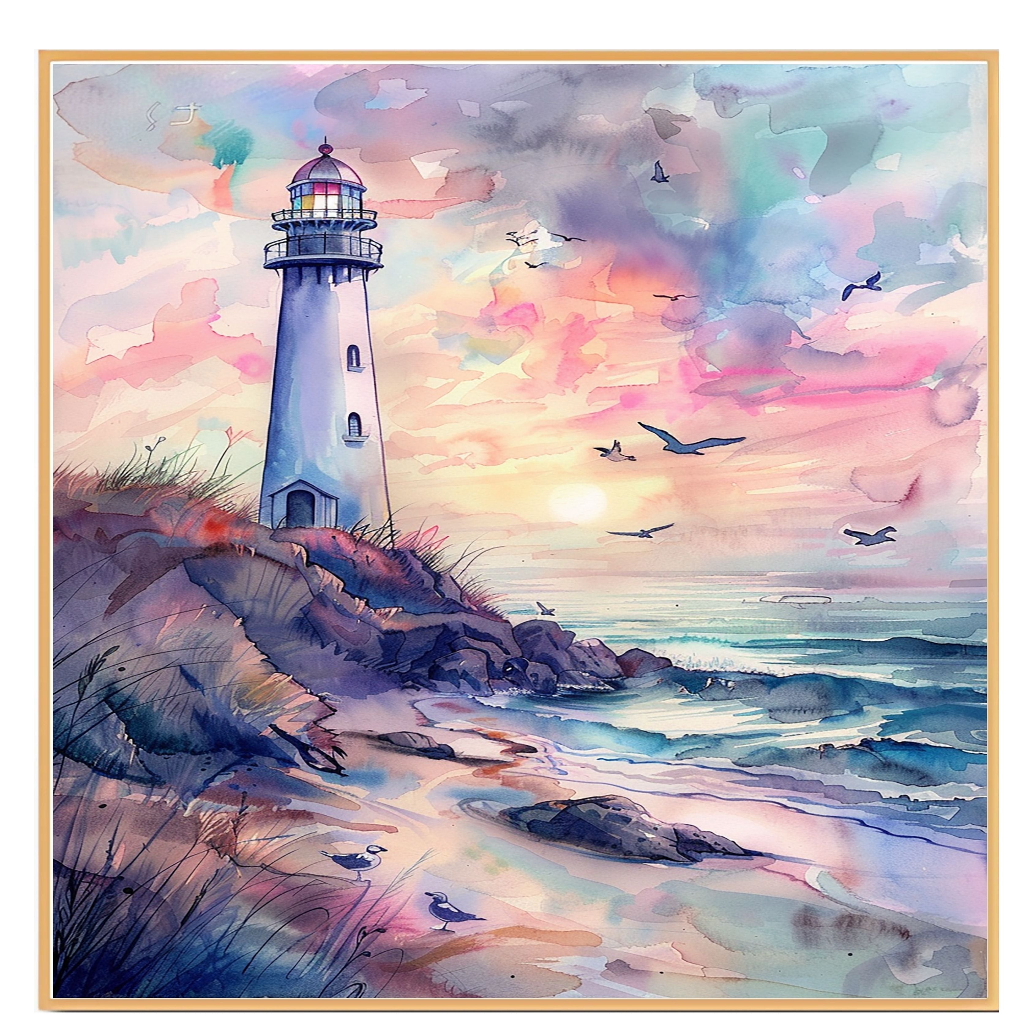 Elegant Lighthouse on Coastal Cliff with Pastel Sunset Sky and Ocean Waves in Soothing Watercolor Seaside Painting on Ready to Hang 1.5" Thick Canvas Wrap, Floating Framed Canvas, Flat Rolled Canvas