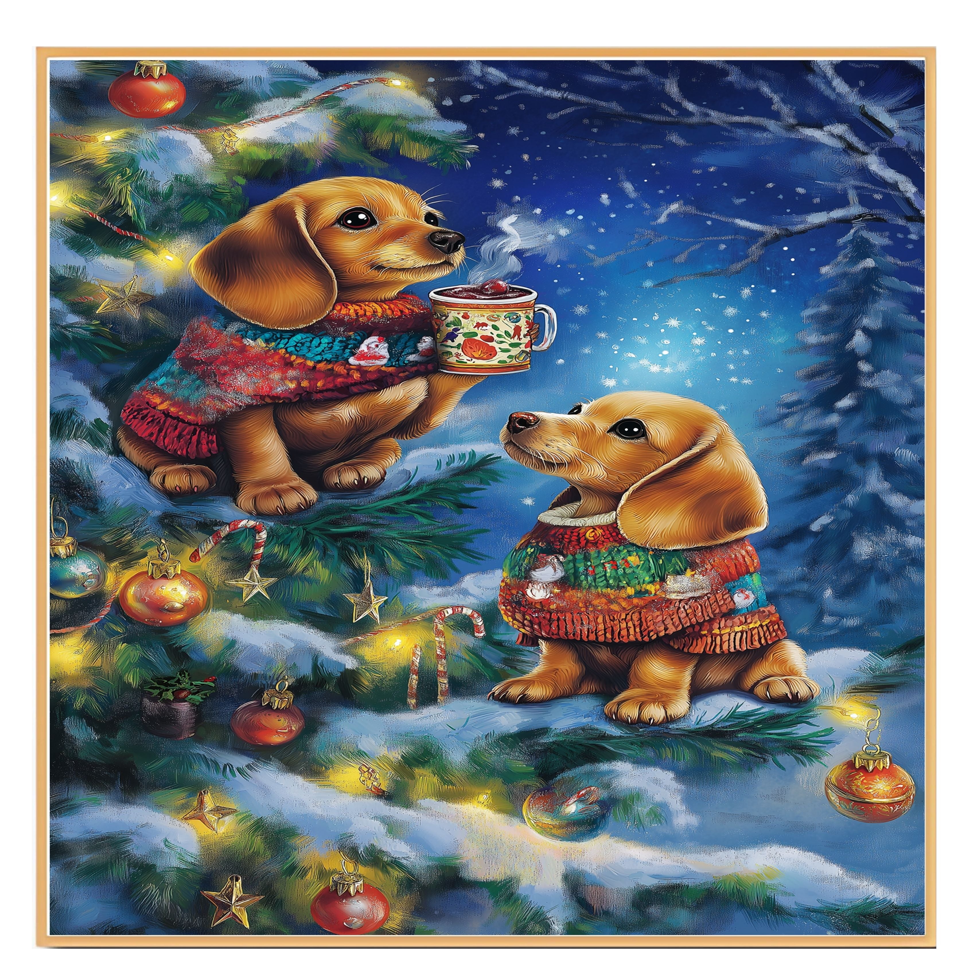 Christmas Dachshund Puppies in Festive Sweaters with Hot Cocoa and Ornaments in a Snowy Night Scene Art Print for Holiday Home or Nursery Display on Ready to Hang 1.5" Thick Canvas Wrap, Floating Framed Canvas, Flat Rolled Canvas