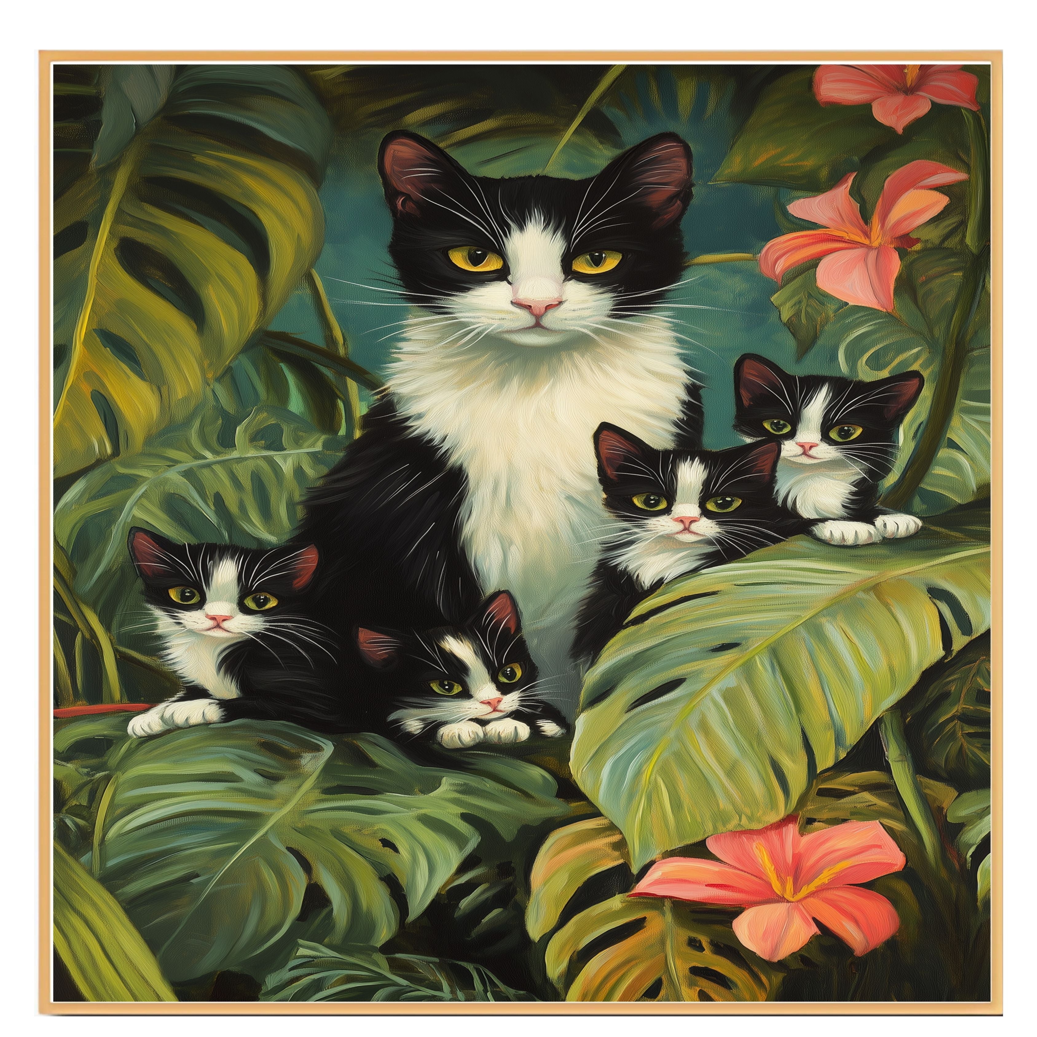 Jungle Retreat: Tuxedo Cat Mom and Four Kittens Exploring a Lush Tropical Paradise on Ready to Hang 1.5" Thick Canvas Wrap, Floating Framed Canvas, Flat Rolled Canvas