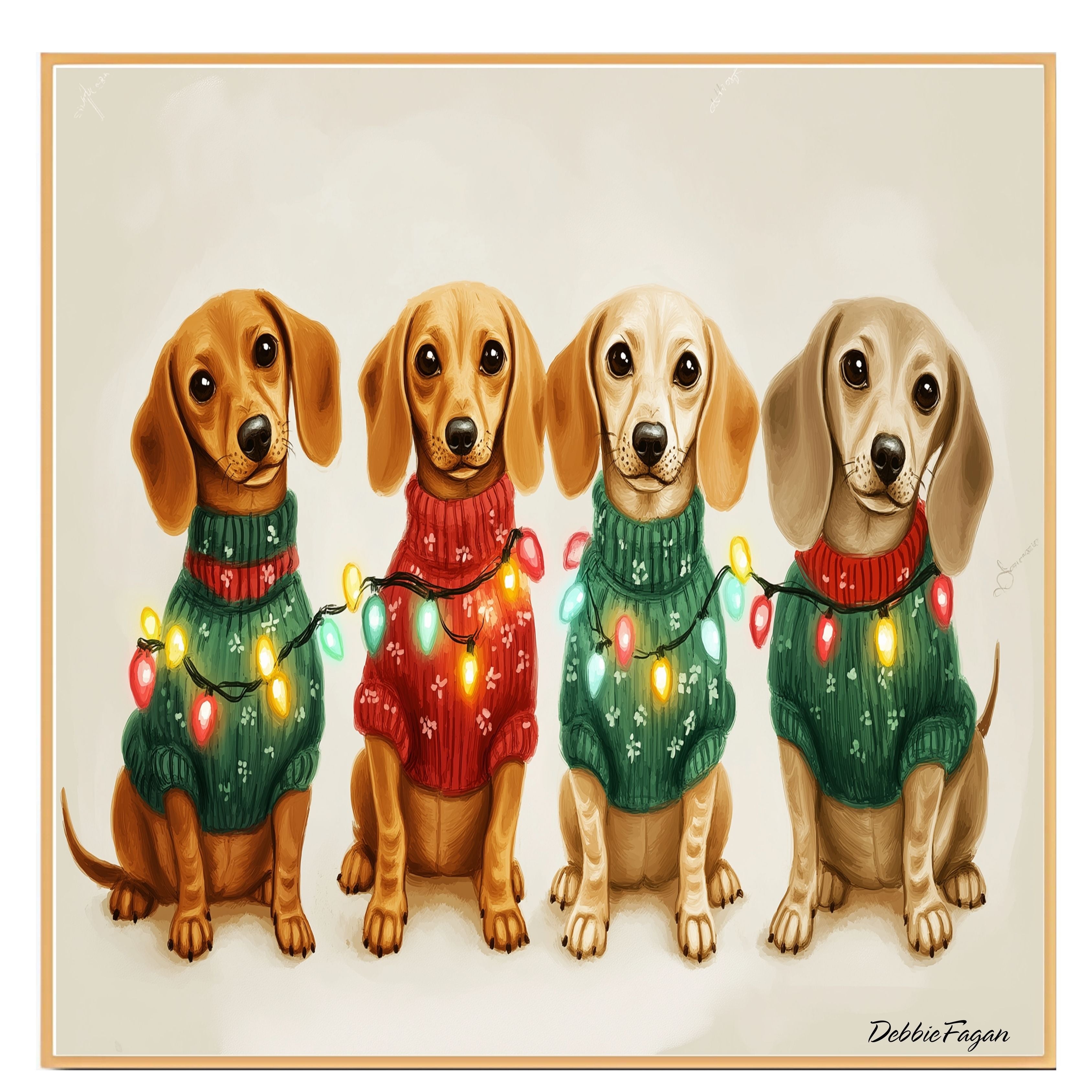 Christmas Canvas  - ÒDachshund SnugglesÓ - Adorable Dogs in Cozy Sweaters Wrapped in Colorful Christmas Lights on Ready to Hang 1.5" Thick Canvas Wrap, Floating Framed Canvas, Flat Rolled Canvas