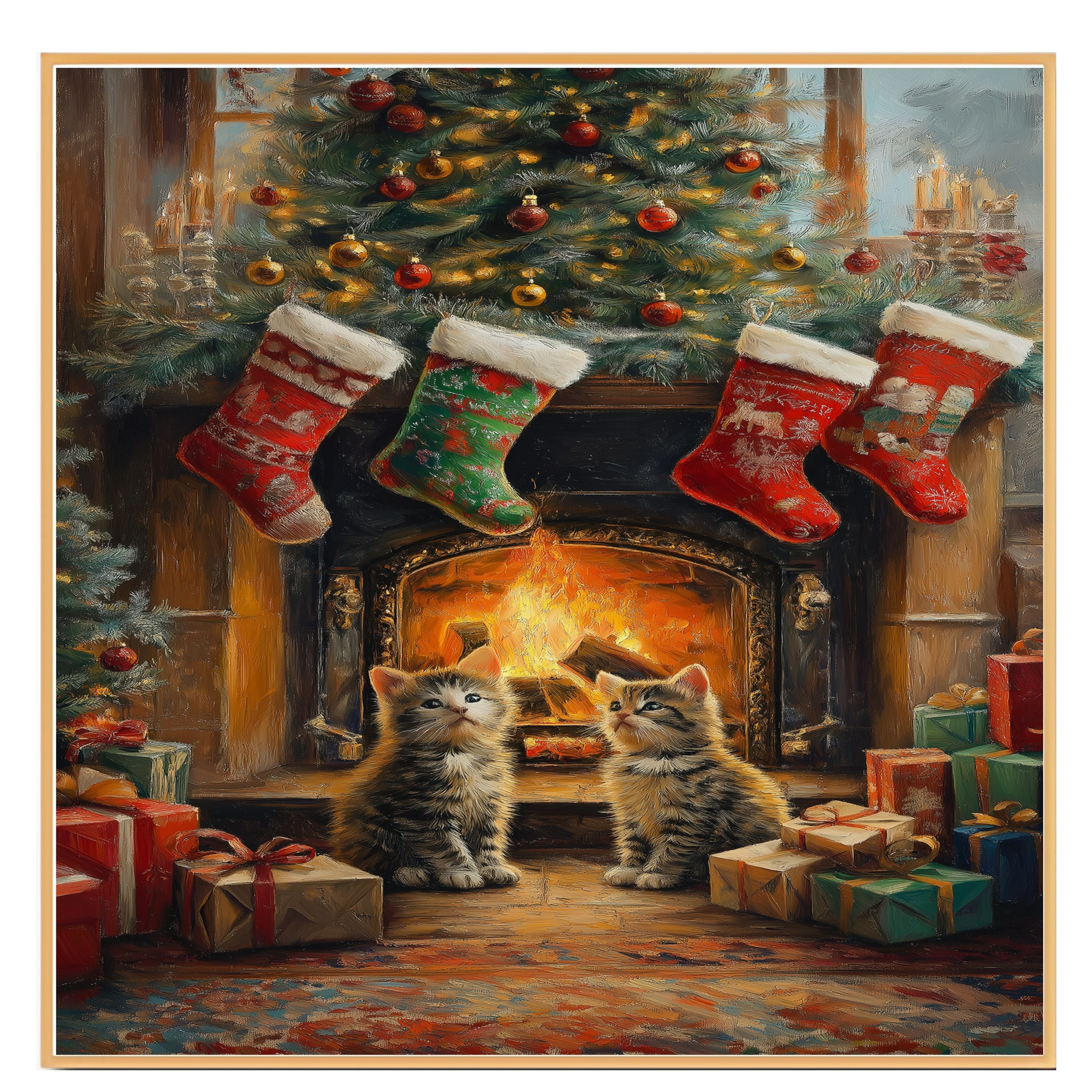 Adorable Christmas Kittens Sitting by Fireplace with Stockings and Tree Festive Holiday Scene Perfect for Home Winter Decor and Seasonal Gift on Ready to Hang 1.5" Thick Canvas Wrap, Floating Framed Canvas, Flat Rolled Canvas