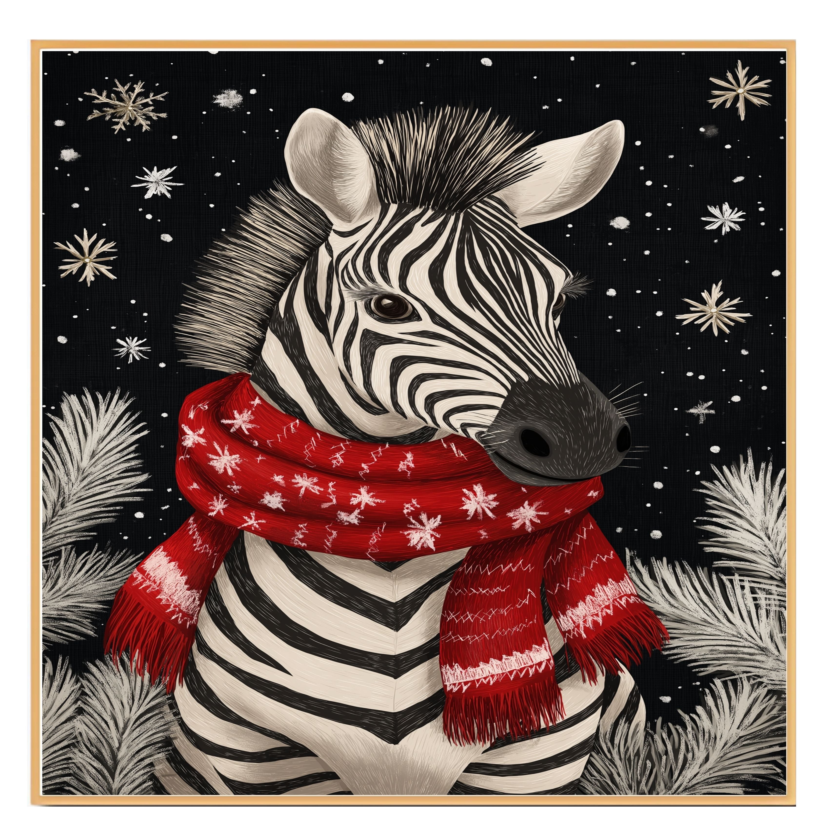 "Snowy Stripes Zebra" - Zebra in Red Scarf Standing in Winter Snow on Ready to Hang 1.5" Thick Canvas Wrap, Floating Framed Canvas, Flat Rolled Canvas