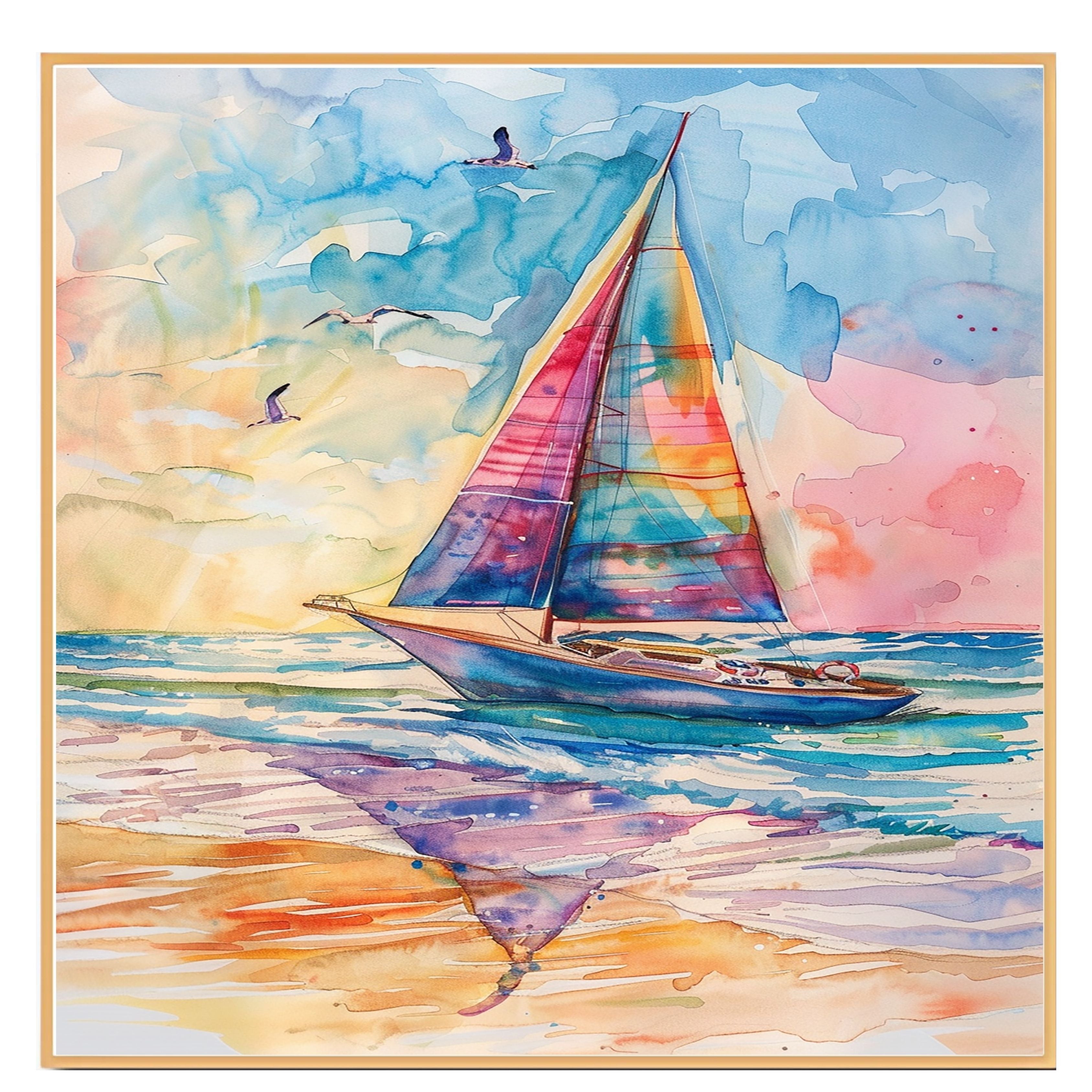 Colorful Sailboat Watercolor Painting with Ocean Waves, Sunset Sky, and Flying Seagulls on Ready to Hang 1.5" Thick Canvas Wrap, Floating Framed Canvas, Flat Rolled Canvas