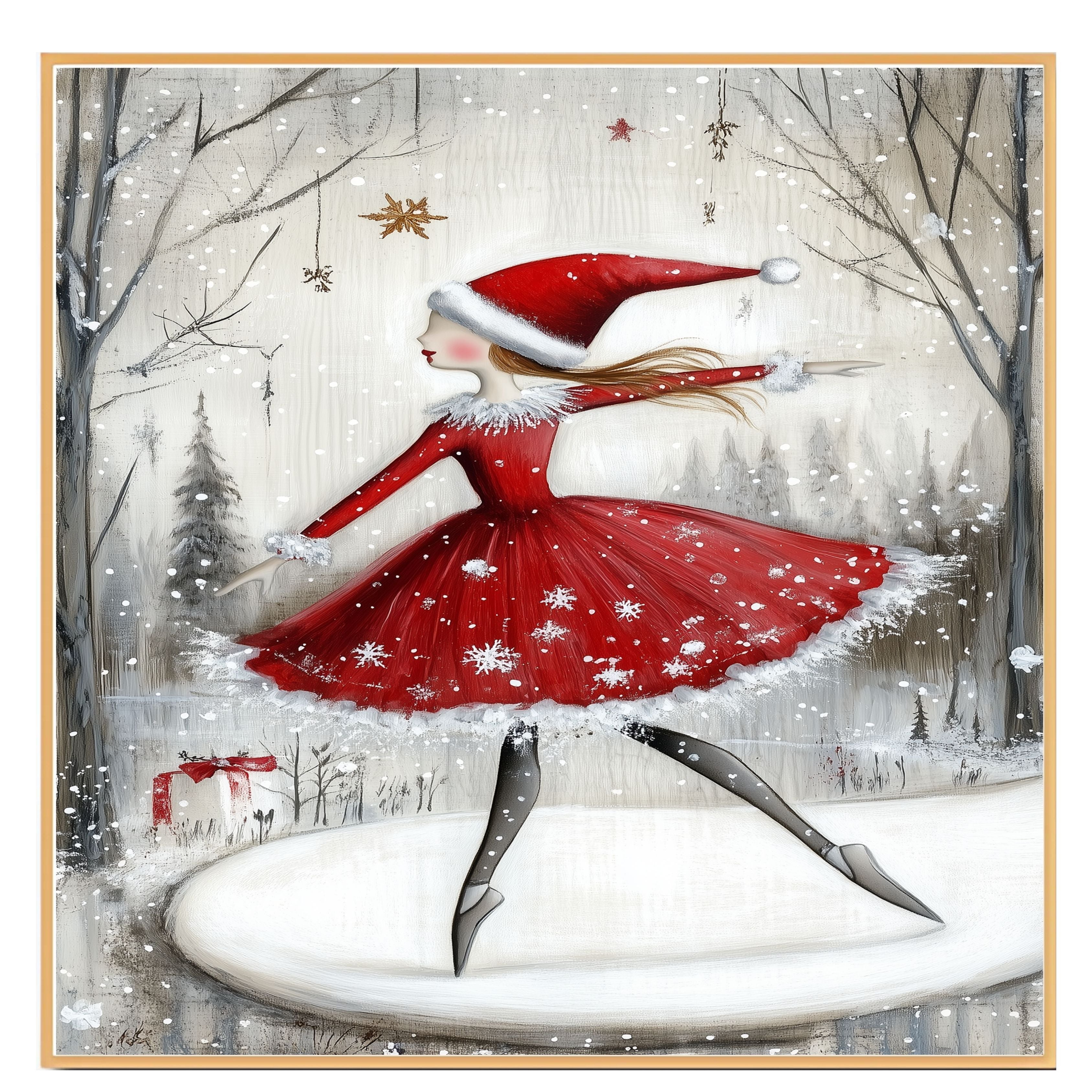 Christmas Wall Art Featuring Ballerina in Red Santa Dress Skating in Snowy Forest Enchanting Winter Holiday Artwork for Ballet Lovers and Festive Decor Enthusiasts on Ready to Hang 1.5" Thick Canvas Wrap, Floating Framed Canvas, Flat Rolled Canvas
