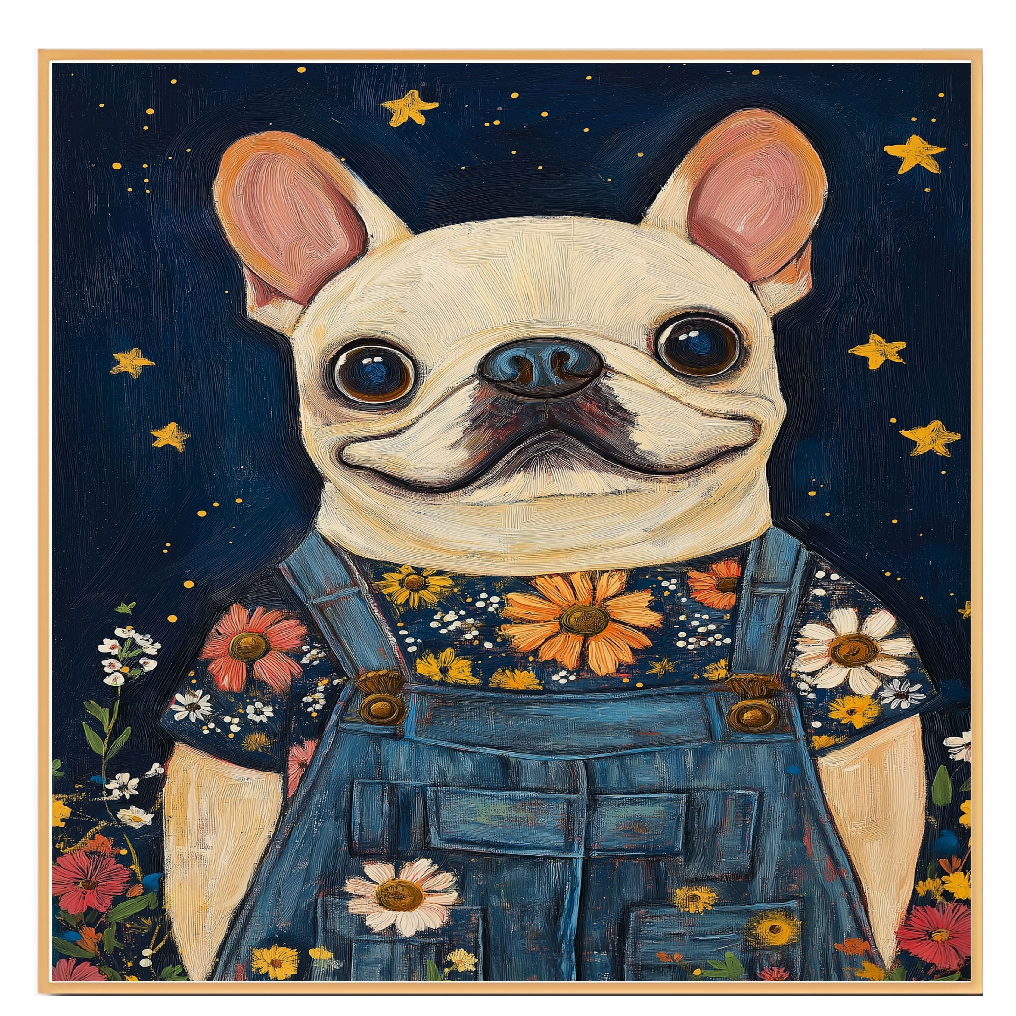 French Bulldog in Denim Overalls and Floral Shirt Dog Art for Nursery Farmhouse Bedroom Living Room Dog Lover Gift Whimsical Animal Decor on Ready to Hang 1.5" Thick Canvas Wrap, Floating Framed Canvas, Flat Rolled Canvas