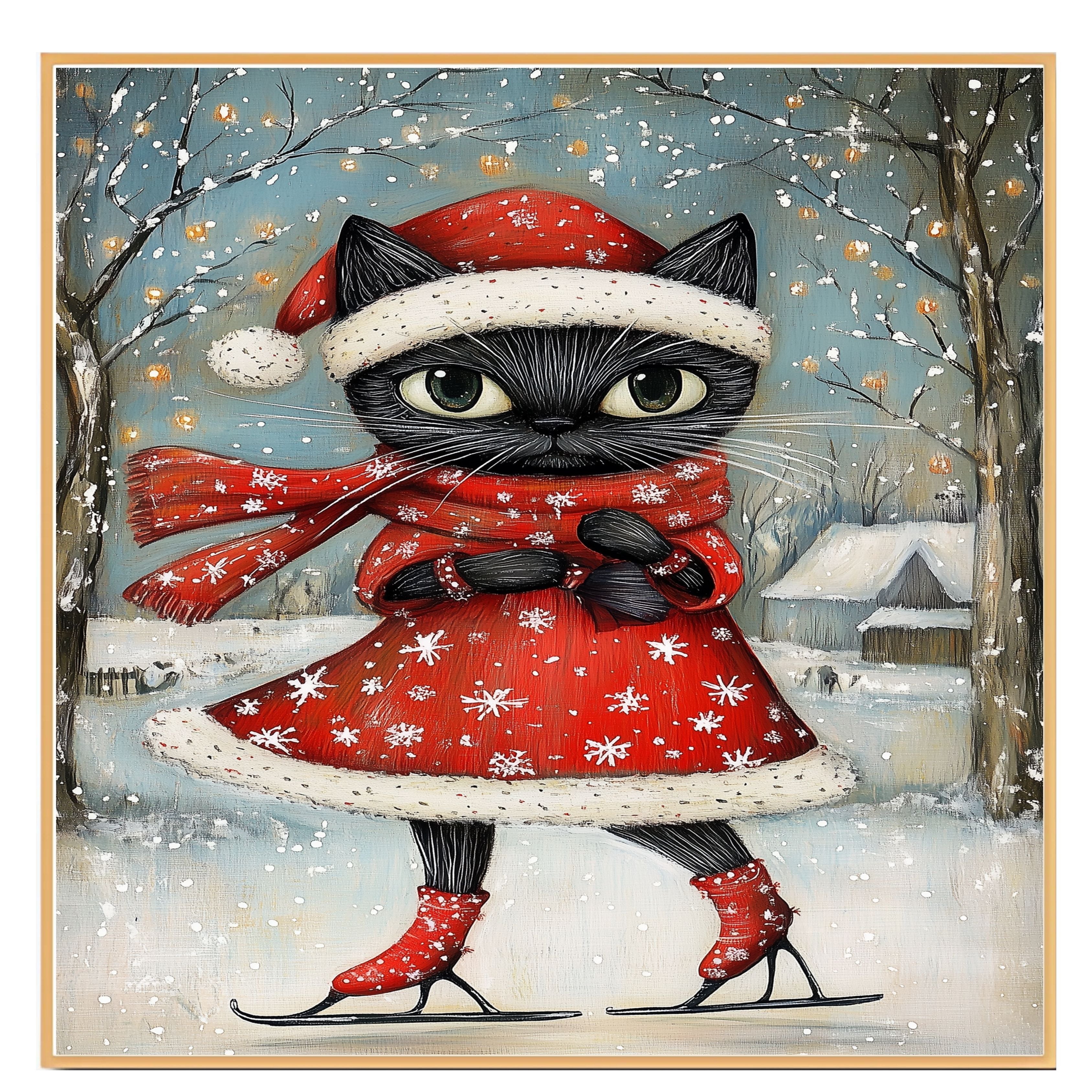 Christmas Wall Art Featuring Cute Black Cat in Red Santa Dress Ice Skating Through a Snowy Forest Whimsical Holiday Illustration for Winter Decor and Cat Lovers on Ready to Hang 1.5" Thick Canvas Wrap, Floating Framed Canvas, Flat Rolled Canvas
