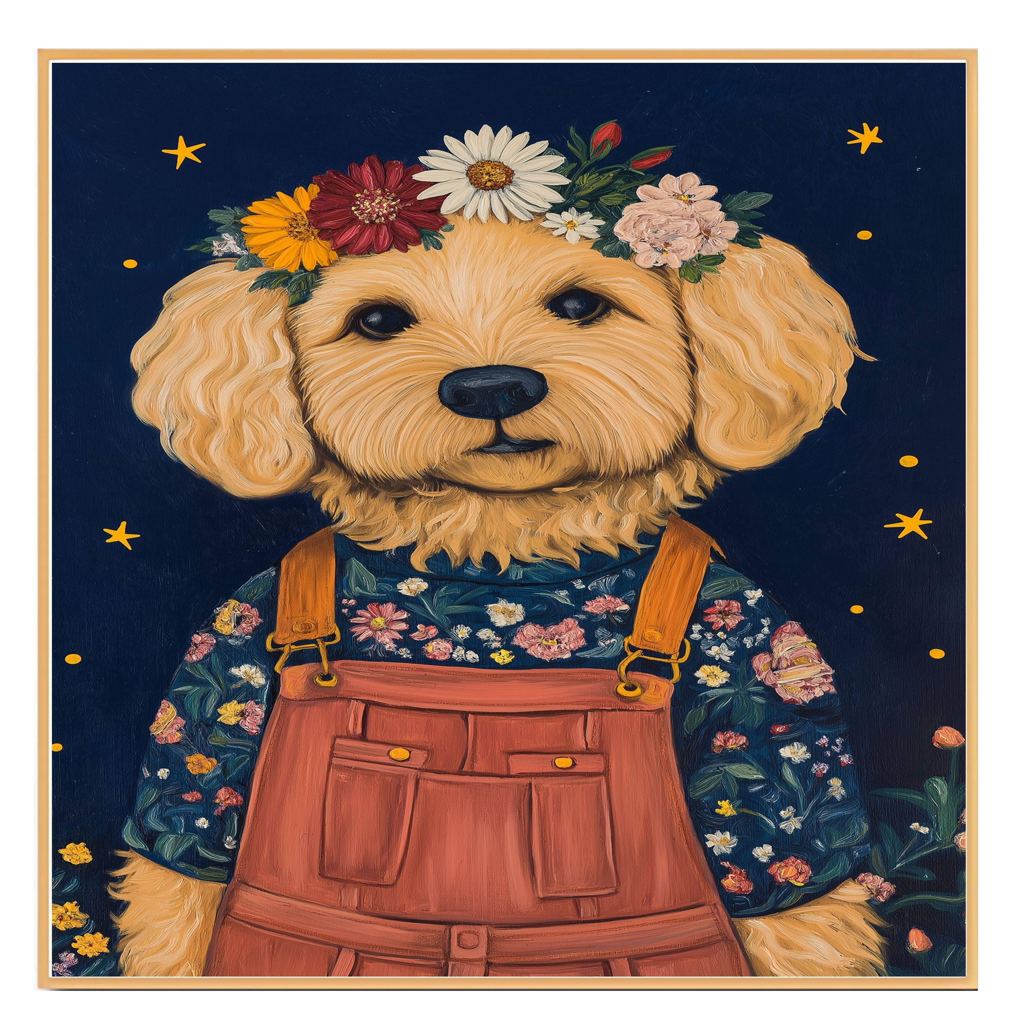 Charming Golden Doodle in Floral Overalls and Flower Crown Playful Dog Art for Nursery Kids Room Living Room Decor and Perfect Gift for Dog Lovers on Ready to Hang 1.5" Thick Canvas Wrap, Floating Framed Canvas, Flat Rolled Canvas