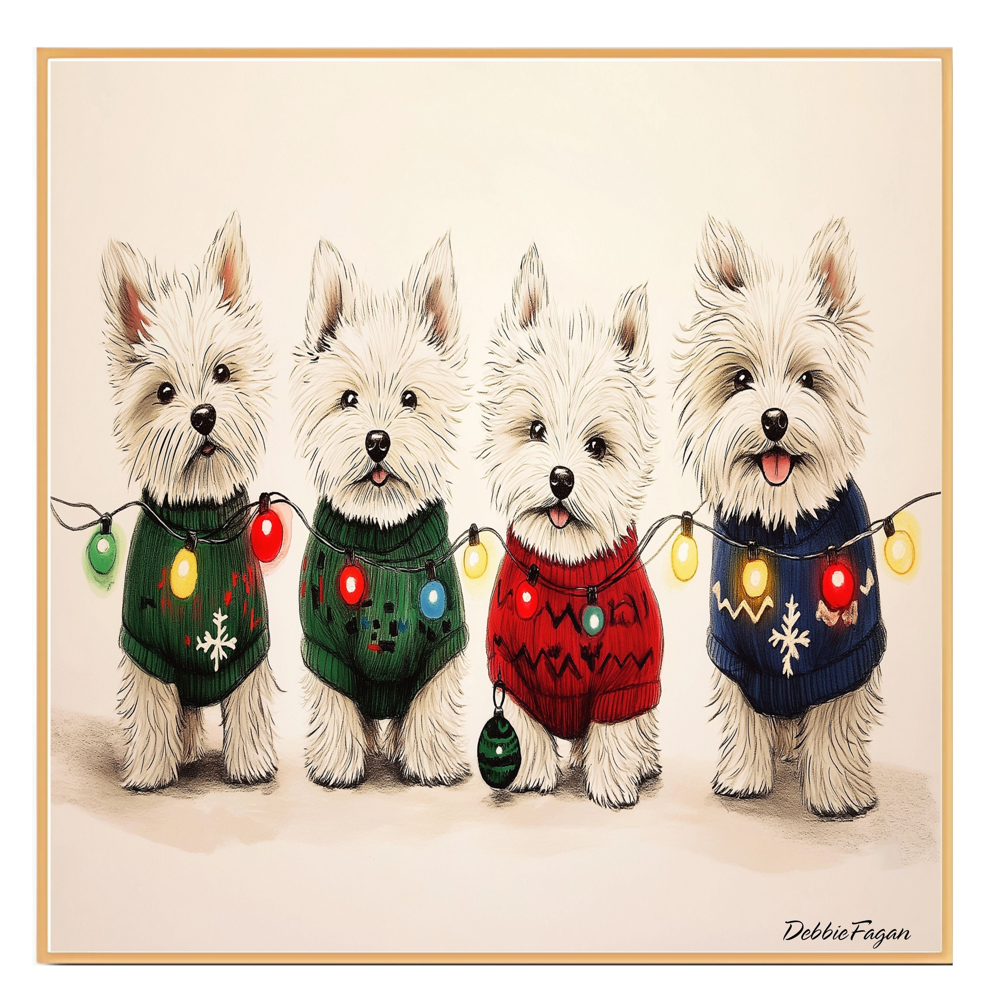 Dog Christmas Canvas  - "Winter Wonder Westies" - West Highland Terriers in Festive Sweaters & Christmas Lights on Ready to Hang 1.5" Thick Canvas Wrap, Floating Framed Canvas, Flat Rolled Canvas