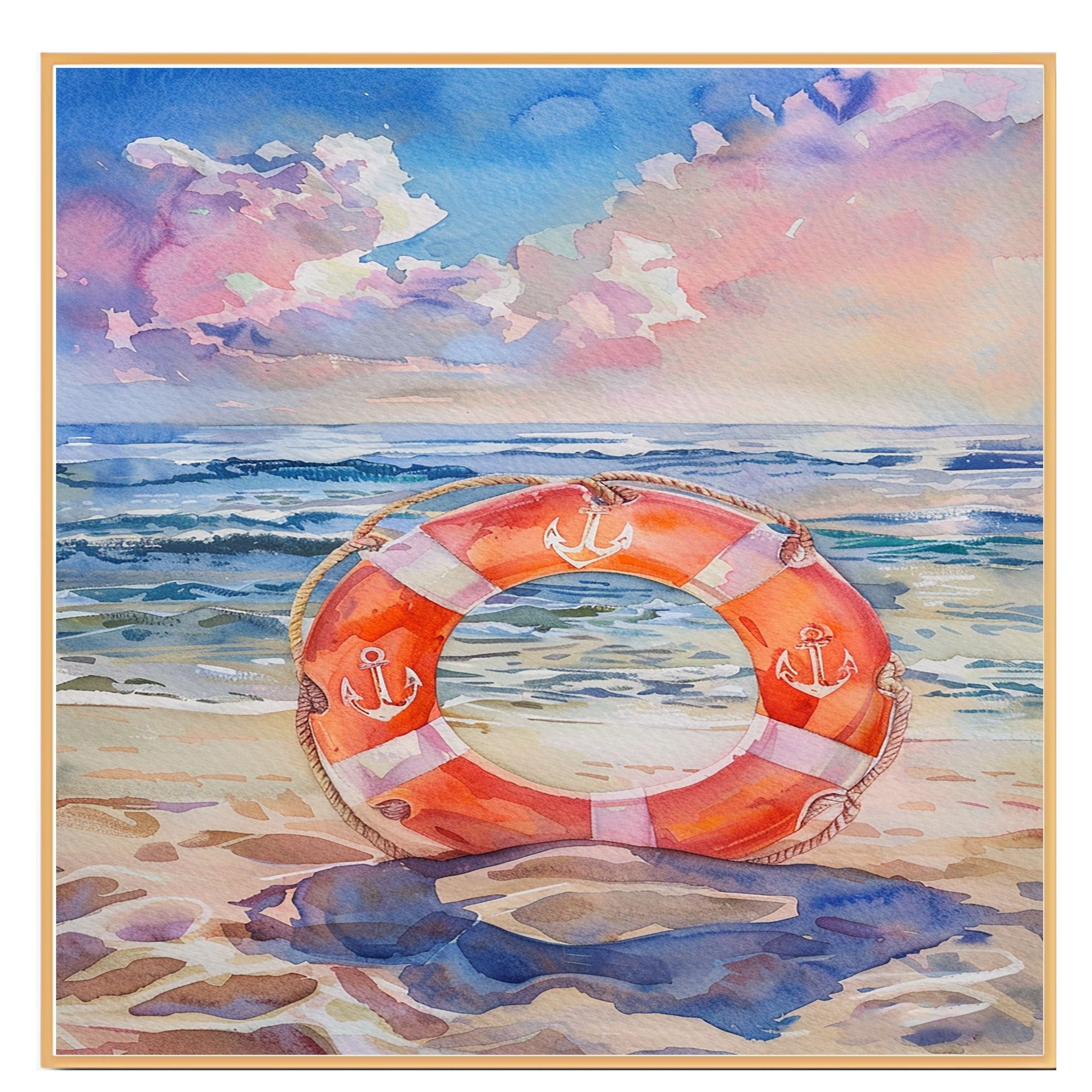 Watercolor Painting of a Life Ring on the Beach Framed by Waves and Colorful Sky with Nautical Anchor Design on Ready to Hang 1.5" Thick Canvas Wrap, Floating Framed Canvas, Flat Rolled Canvas