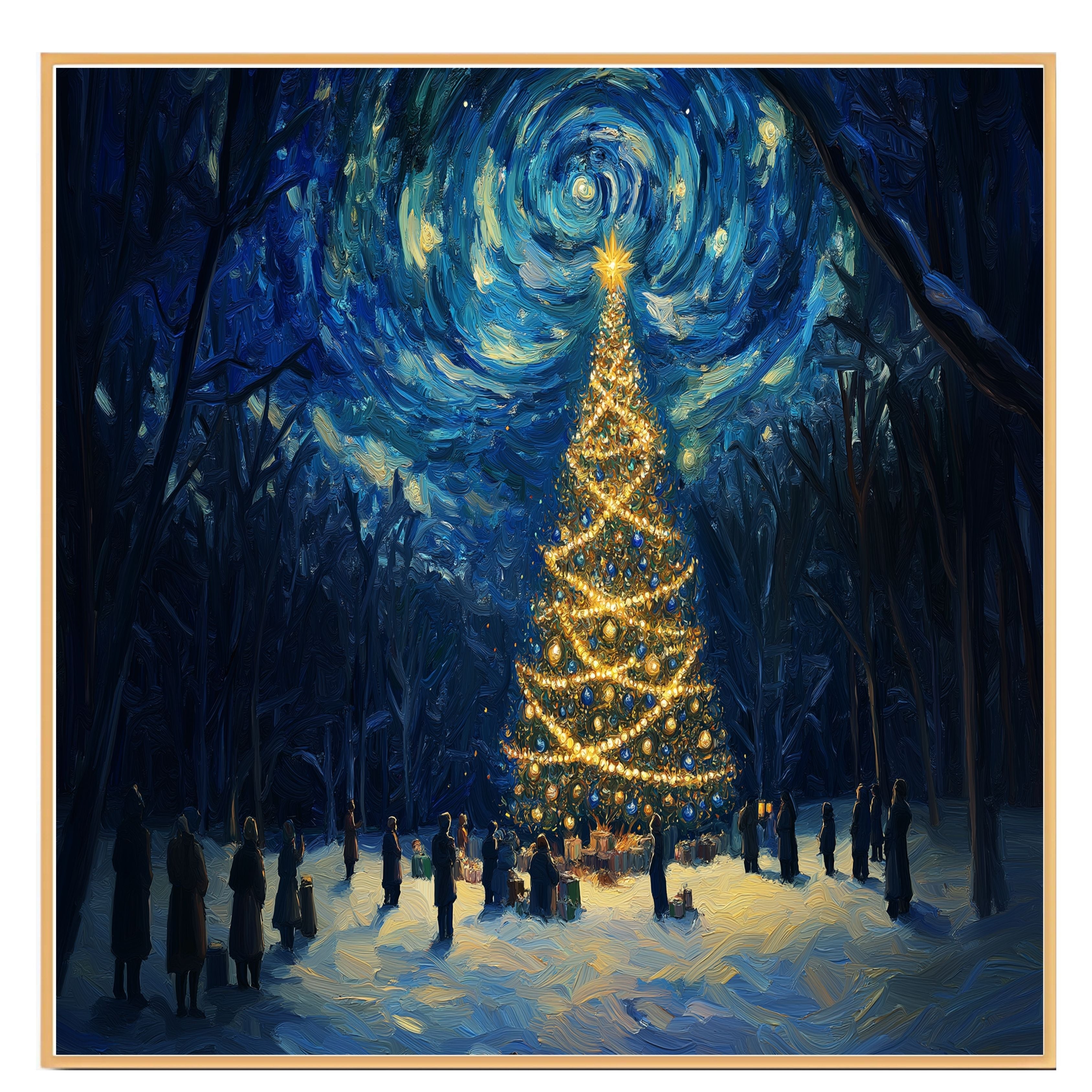 Magical Christmas Scene with Glowing Tree and Swirling Starry Sky, Winter Night Celebration with People in a Snowy Forest Surrounded by Gifts and Light on Ready to Hang 1.5" Thick Canvas Wrap, Floating Framed Canvas, Flat Rolled Canvas