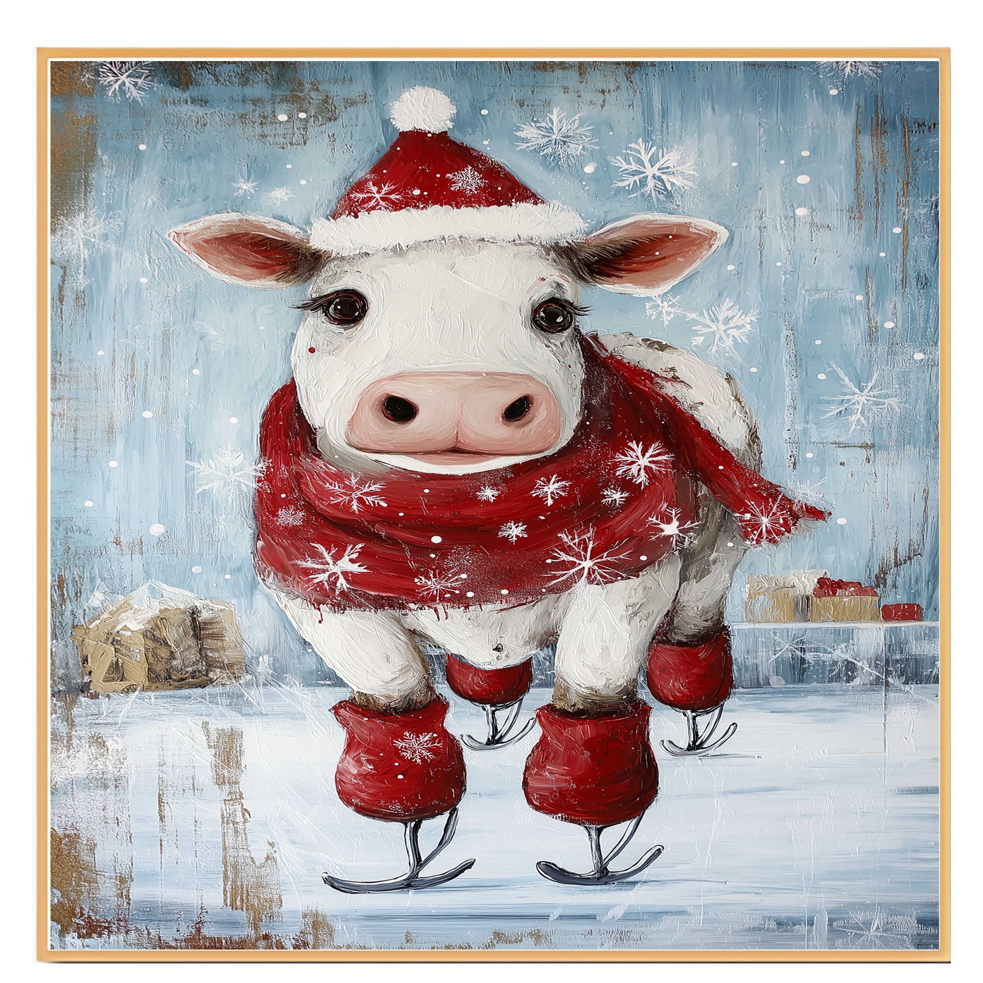 Adorable Christmas Cow Ice Skating in Santa Hat with Red Scarf Festive Farm Animal Illustration for Country Holiday Decor and Whimsical Winter Cheer on Ready to Hang 1.5" Thick Canvas Wrap, Floating Framed Canvas, Flat Rolled Canvas