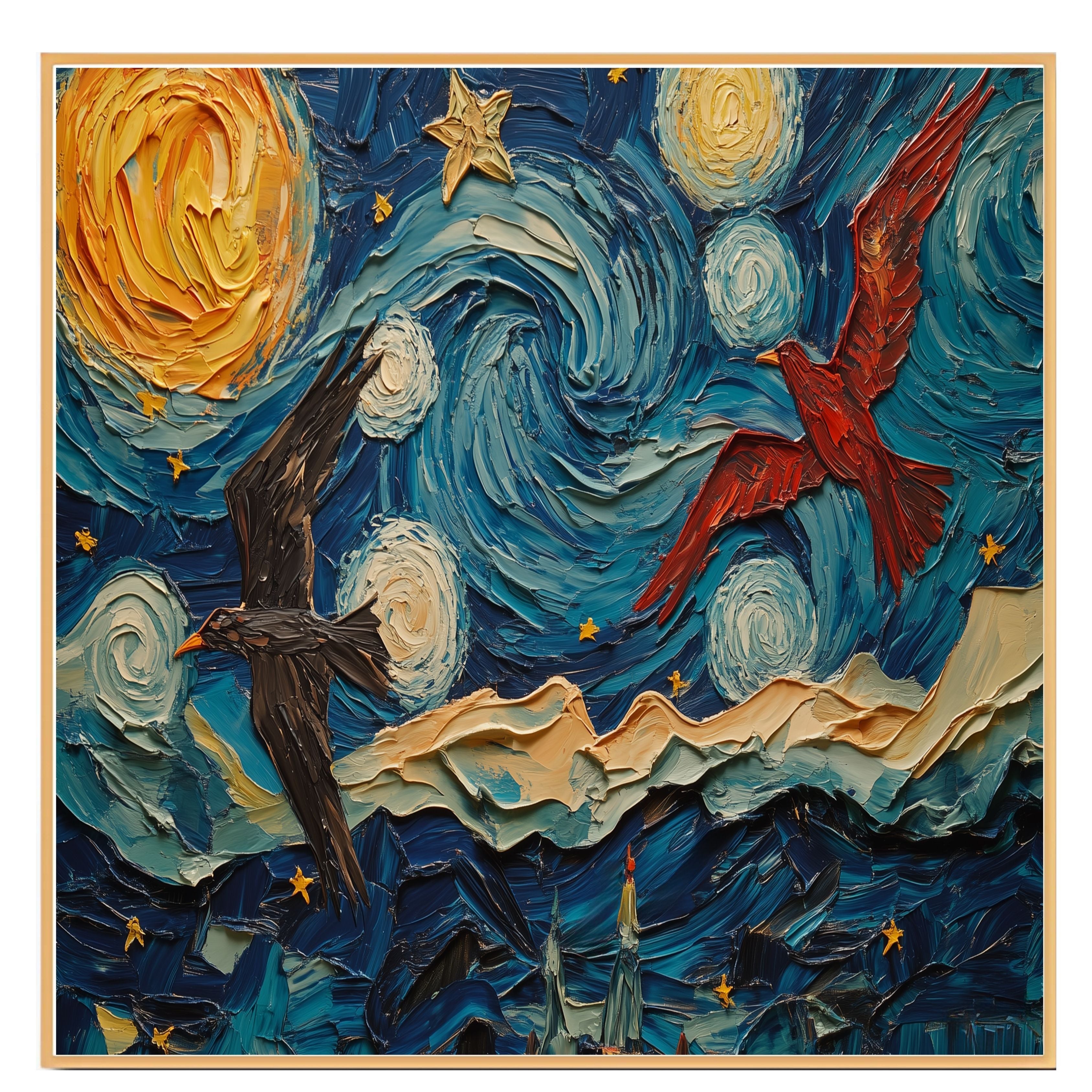 Starry Night Folk Art with Birds – Colorful Impressionist Sky Wall Art Print – Van Gogh Inspired Patriotic Red and Black Birds Soaring in Whimsical Night Sky on Ready to Hang 1.5" Thick Canvas Wrap, Floating Framed Canvas, Flat Rolled Canvas